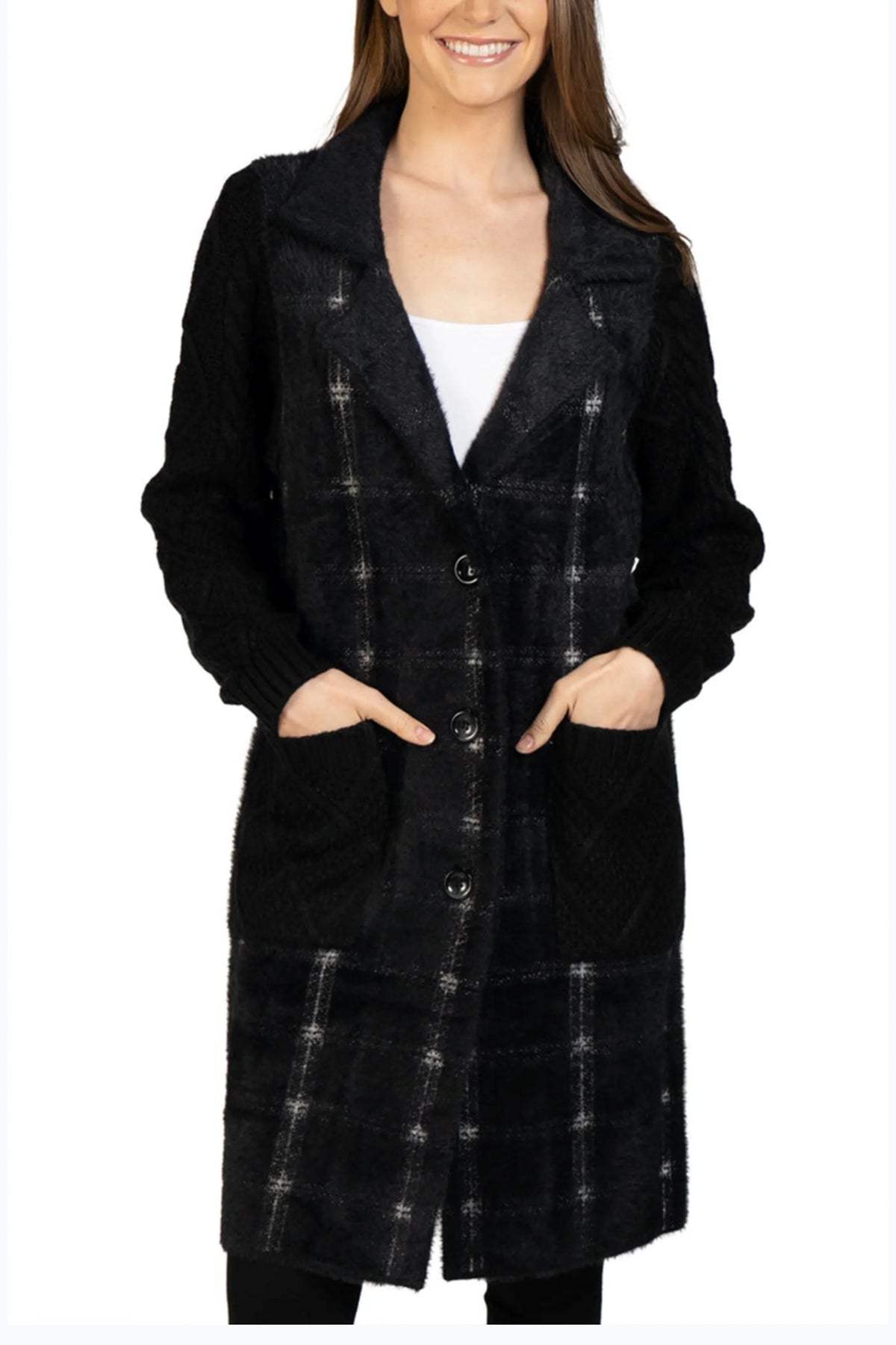 Love Token Plaid Cable Knit Sweater Sleeve Jacket