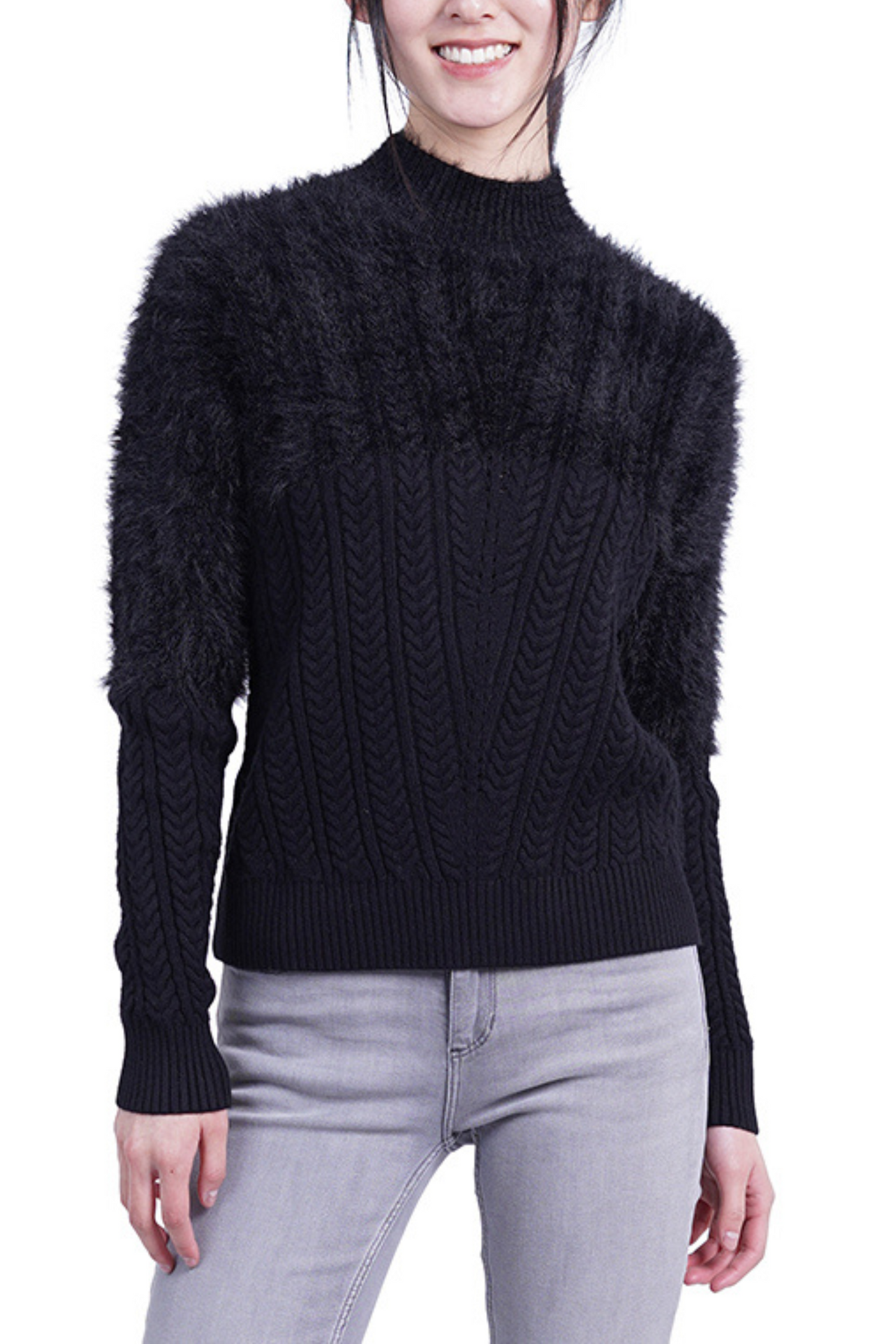 Love Token Mock Neck Fuzzy Cable Knit Sweater