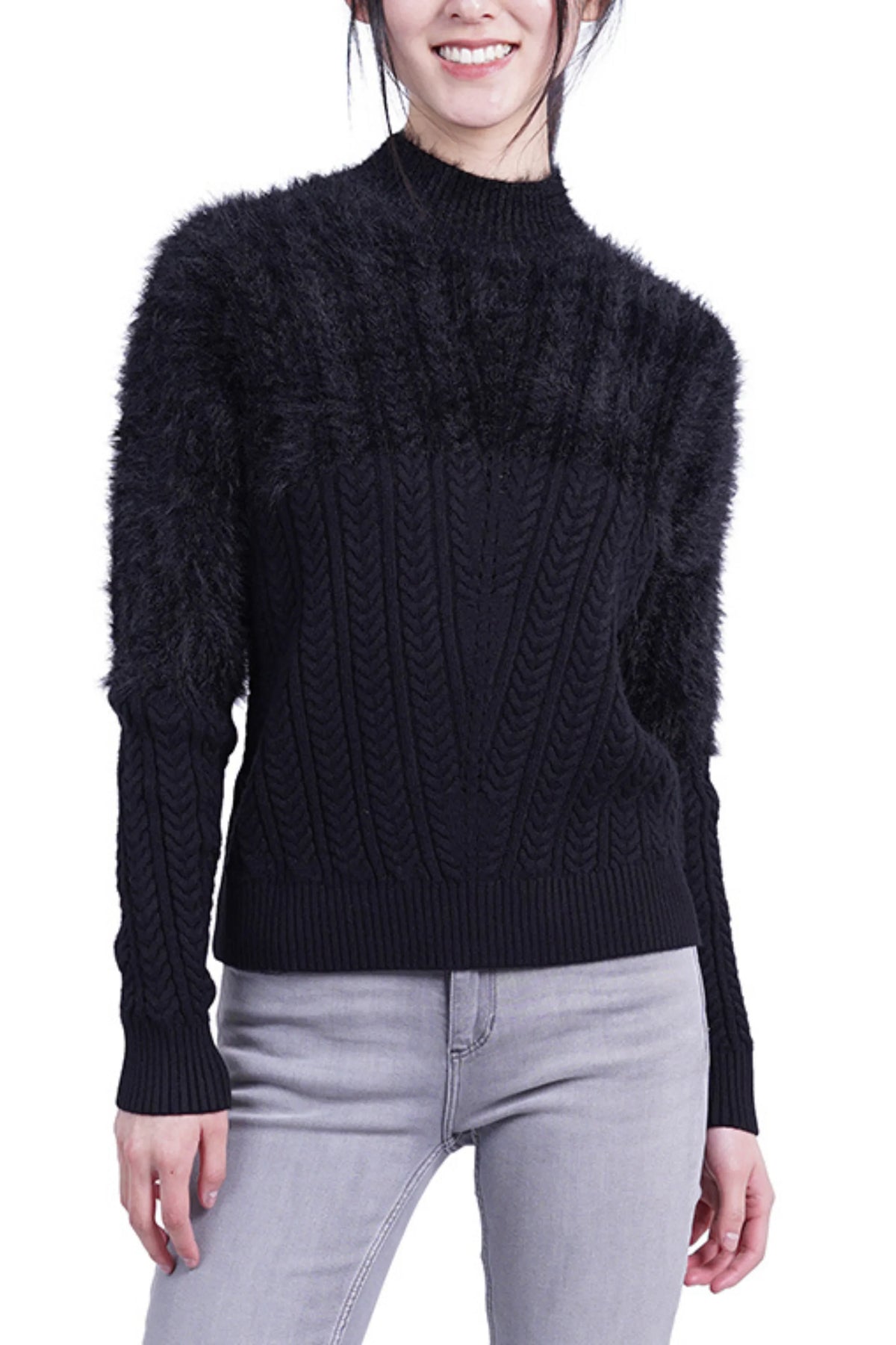 Love Token Mock Neck Fuzzy Cable Knit Sweater