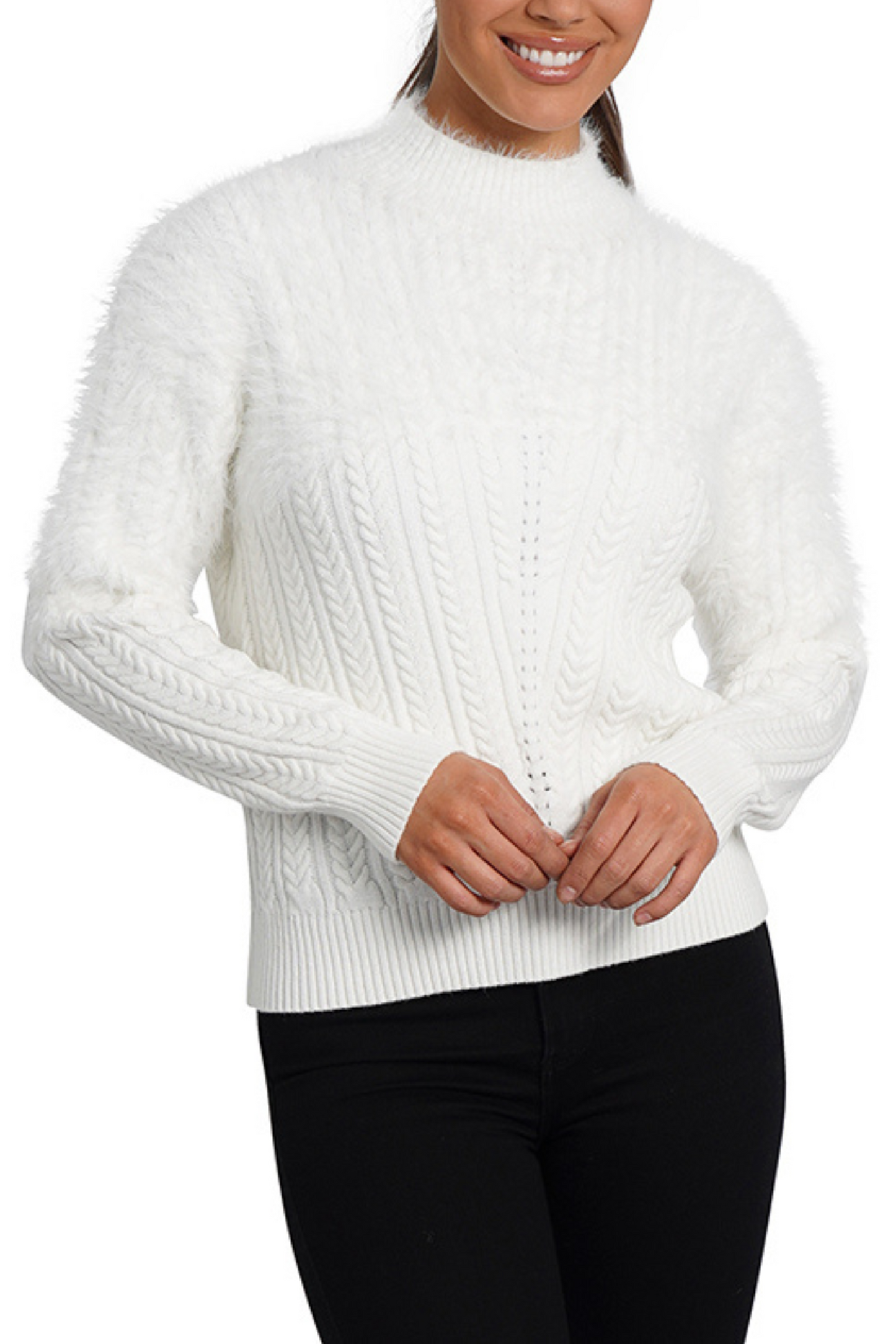 Love Token Mock Neck Fuzzy Cable Knit Sweater