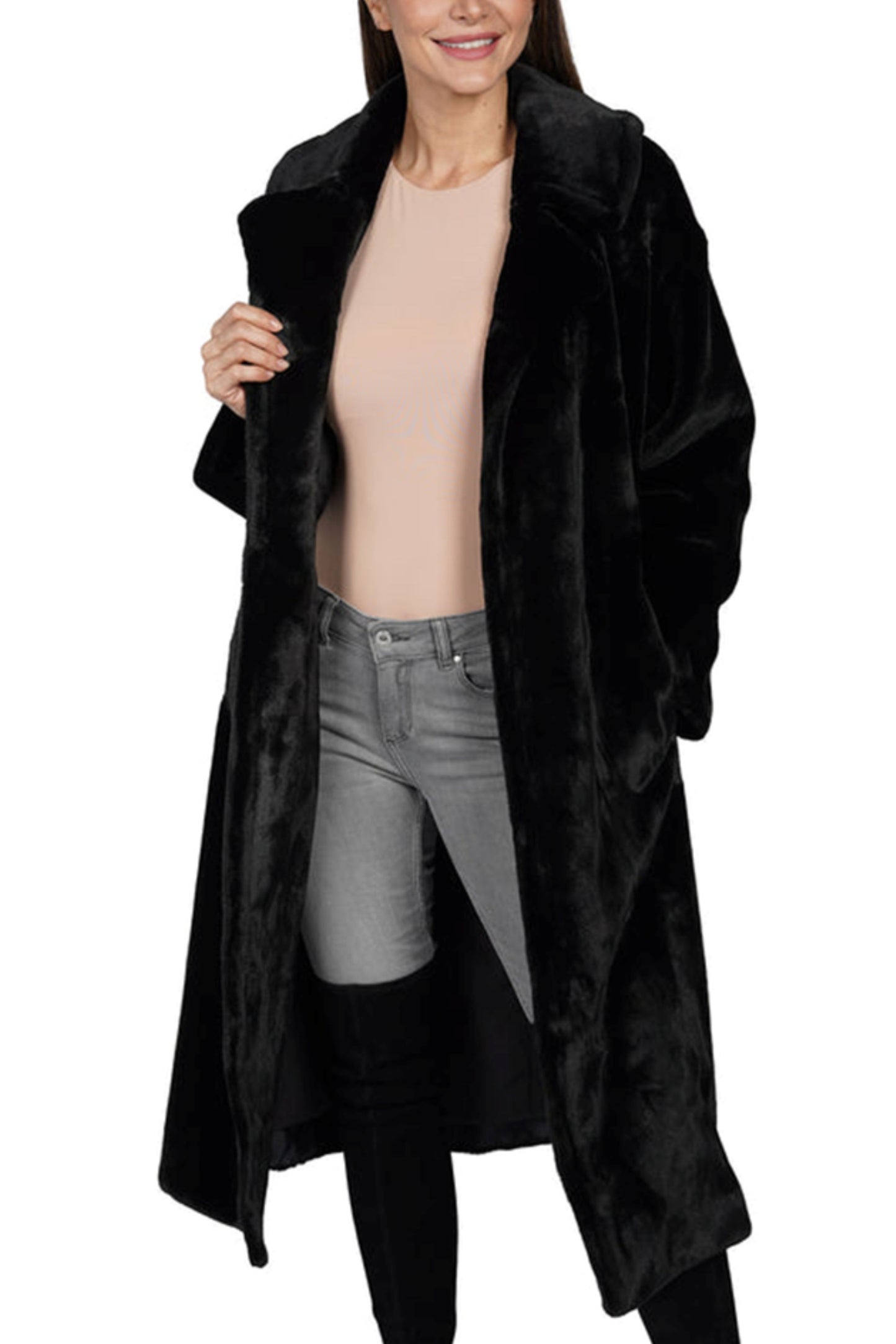 Love Token Long Open-Front Faux Fur Coat
