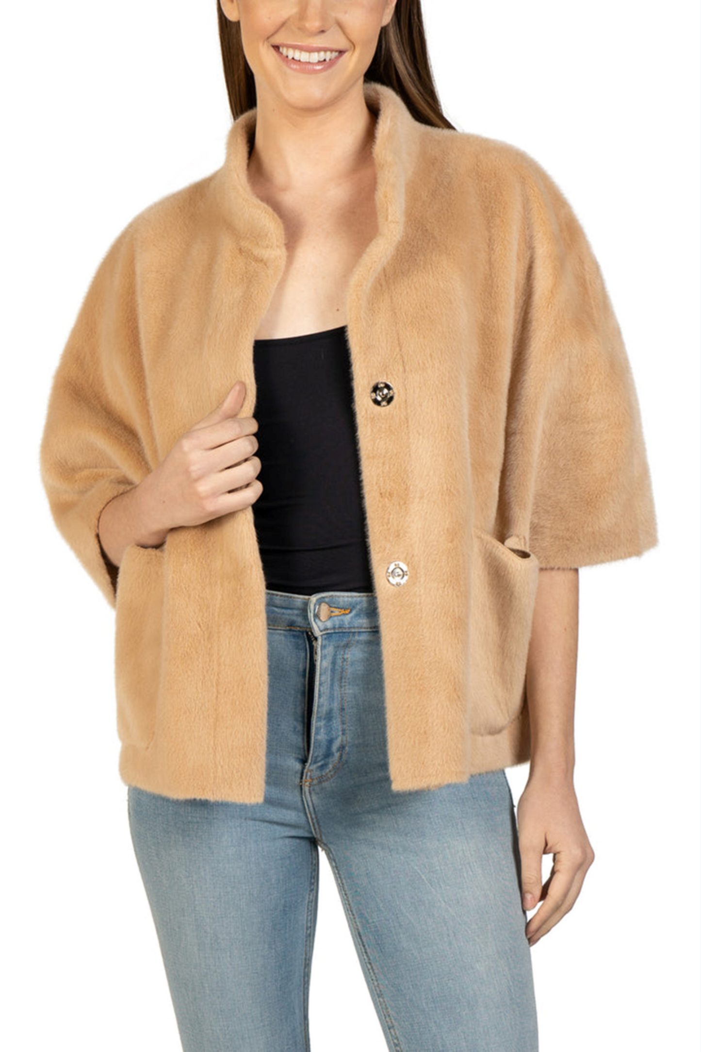 Love Token Faux Fur Short Sleeve Topper Coat