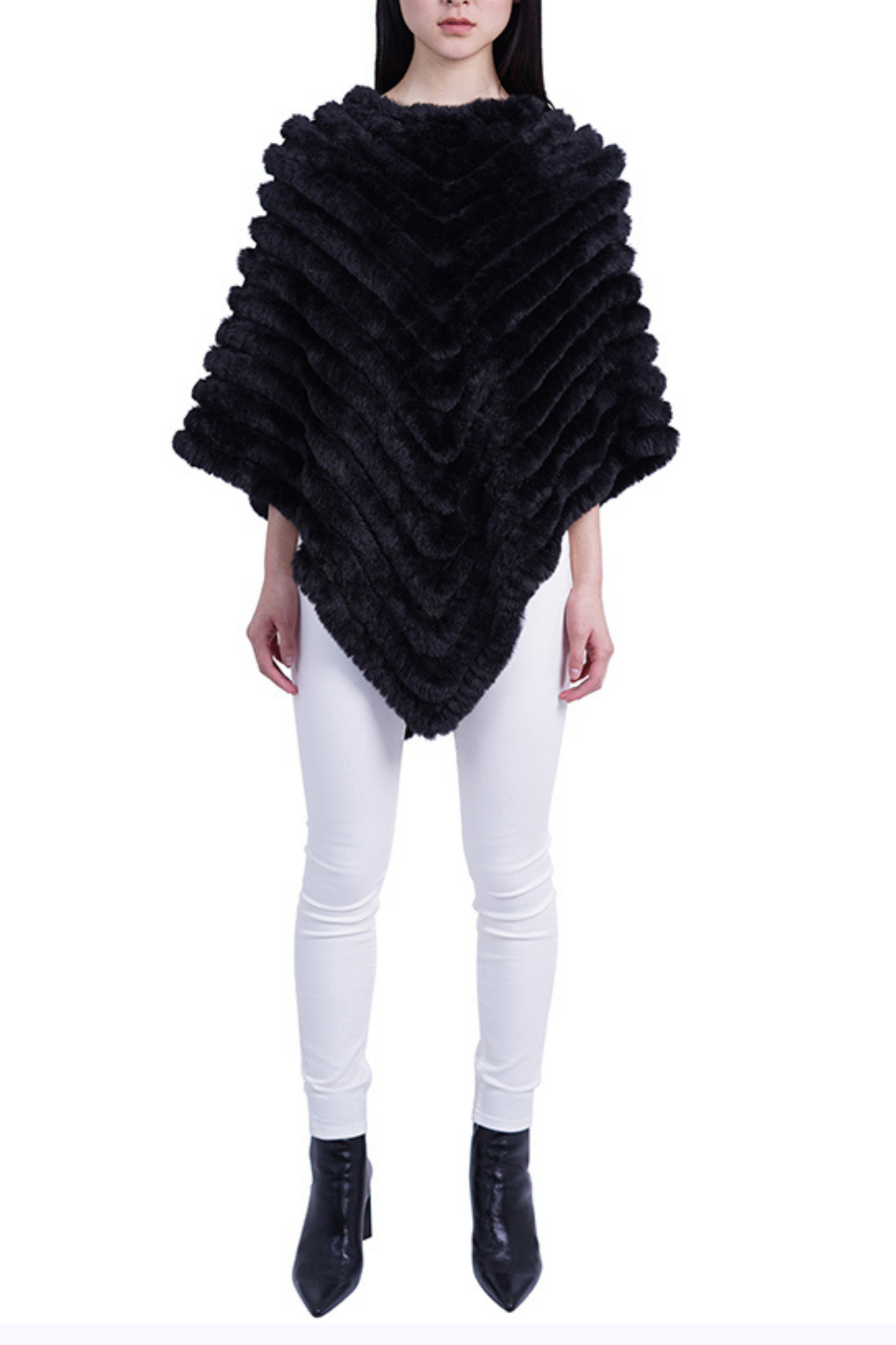 Love Token Chevron Faux-Fur & Knit Poncho Sweater
