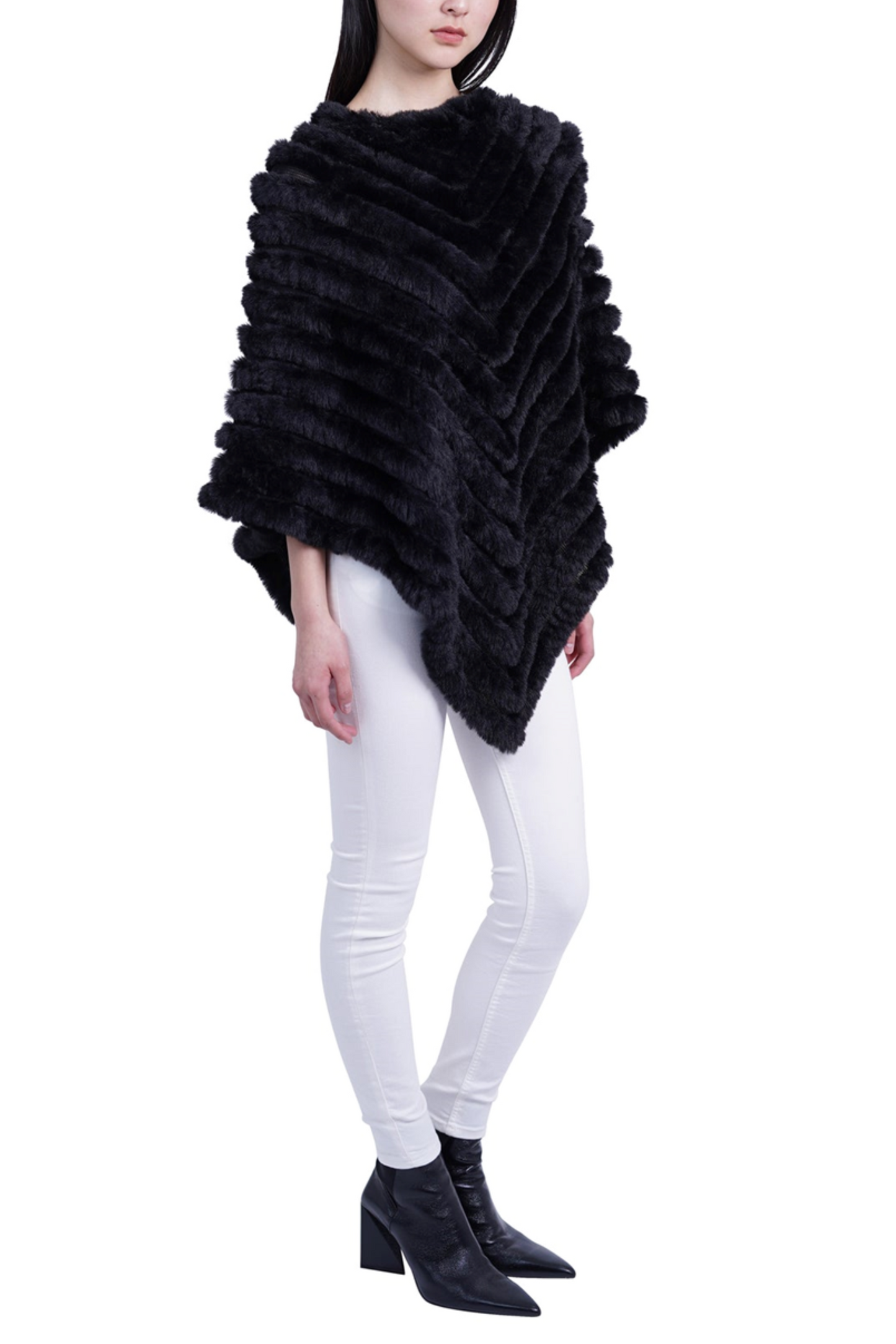 Love Token Chevron Faux-Fur & Knit Poncho Sweater