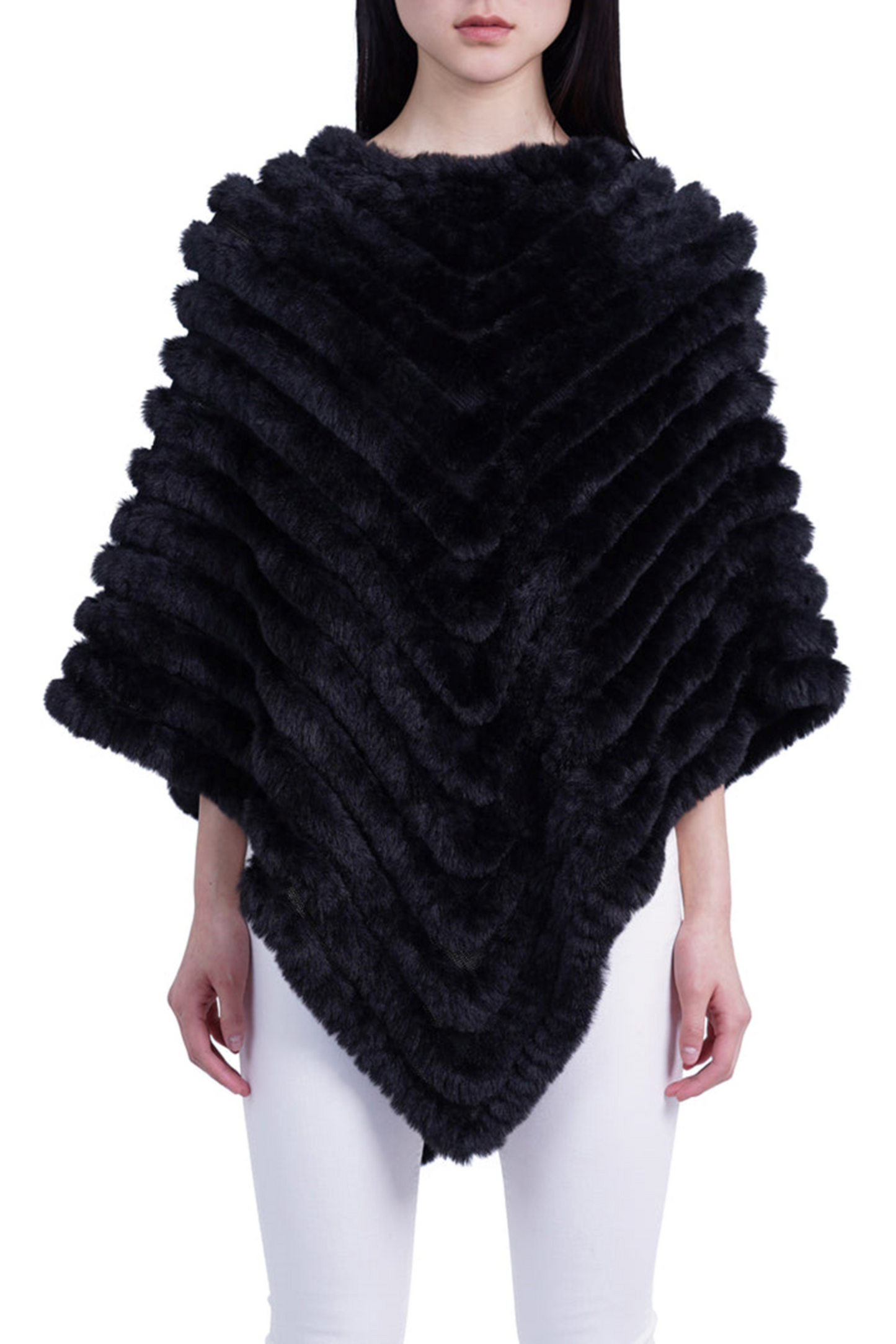 Love Token Chevron Faux-Fur & Knit Poncho Sweater