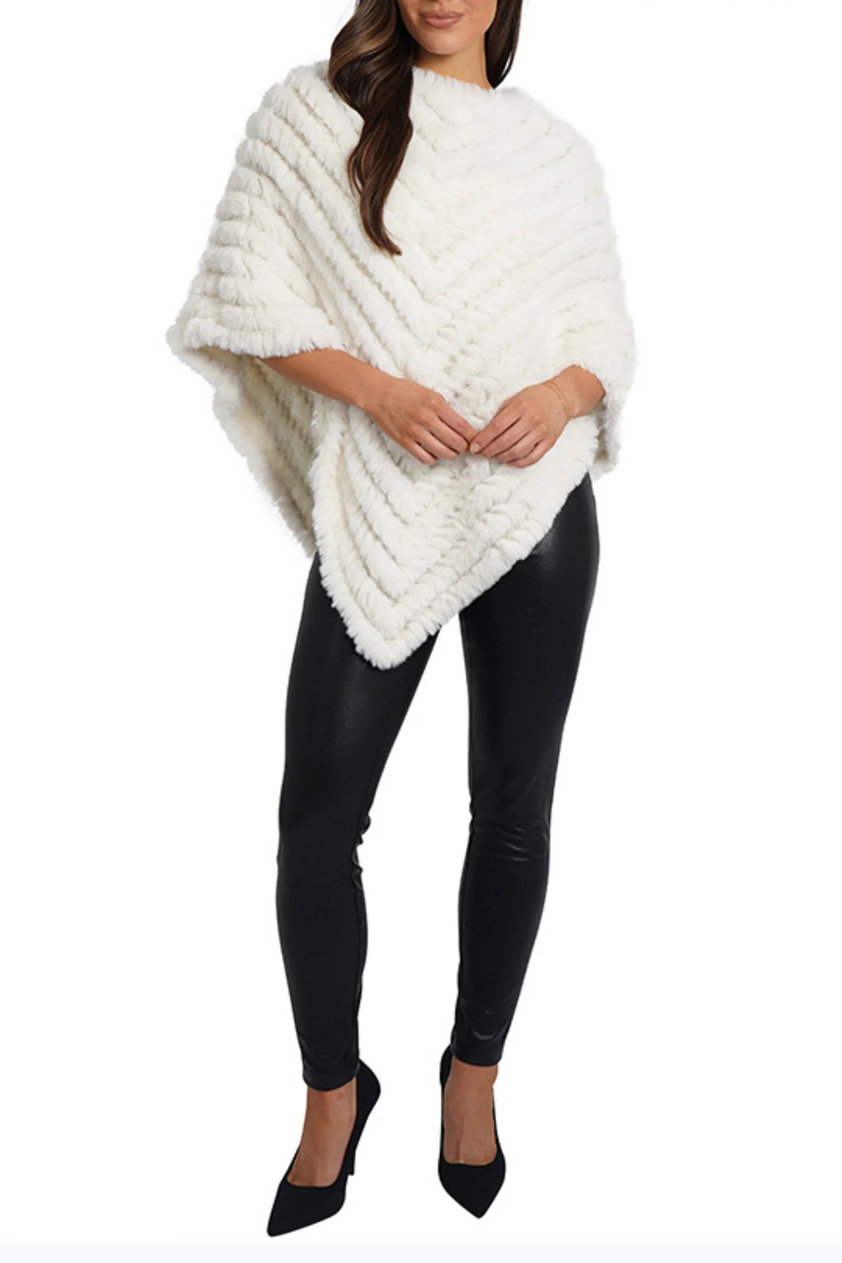 Love Token Chevron Faux-Fur & Knit Poncho Sweater