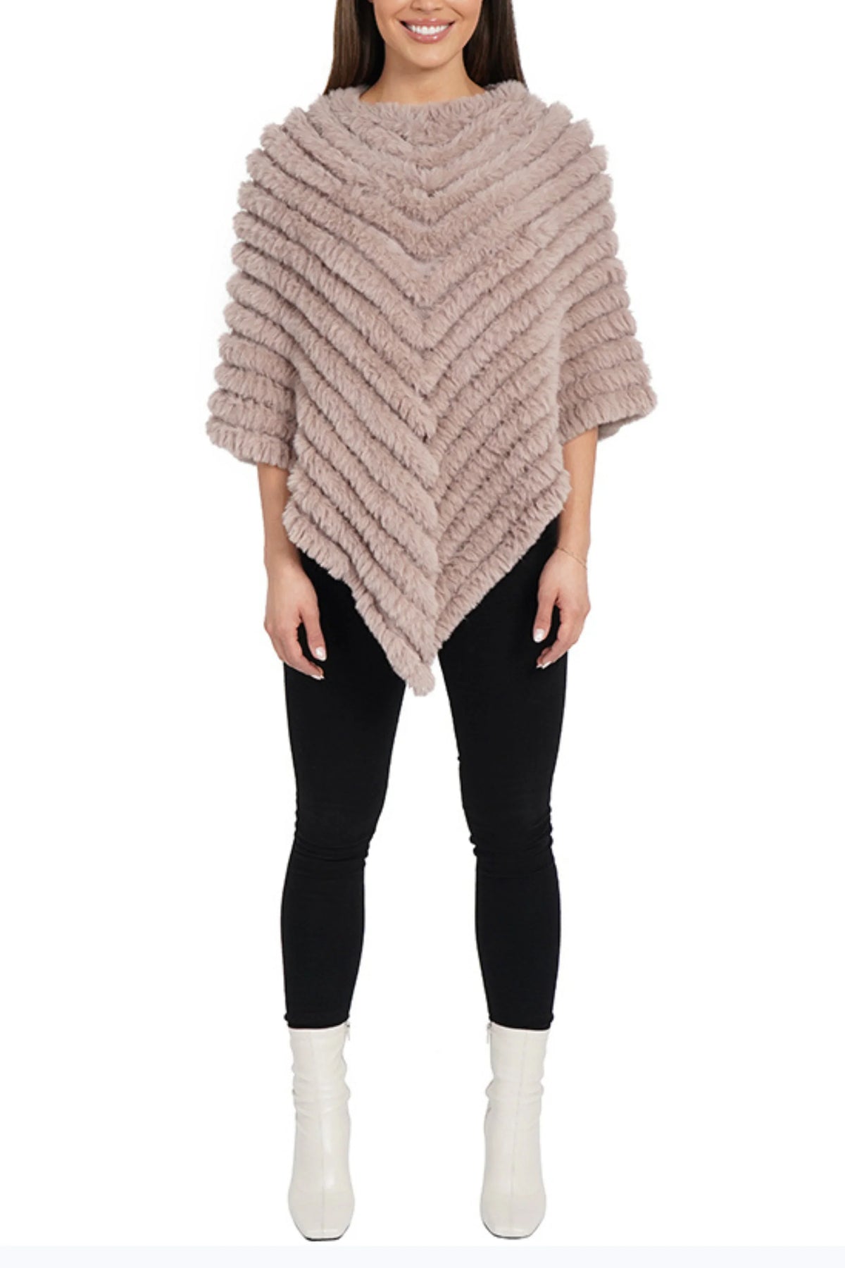 Love Token Chevron Faux-Fur & Knit Poncho Sweater