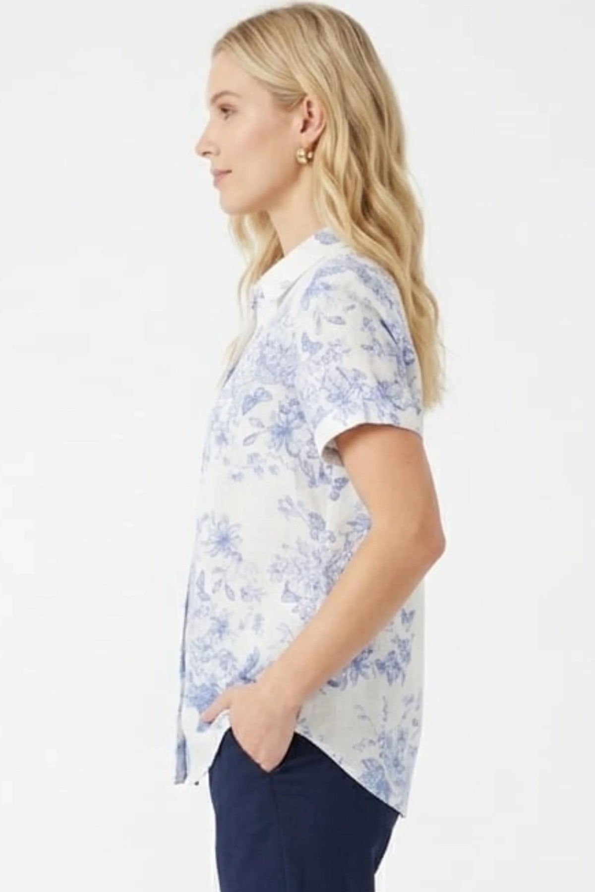 Hester & Orchard Ivory Blue Toile Linen-Blend Blouse
