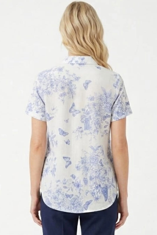 Hester & Orchard Ivory Blue Toile Linen-Blend Blouse