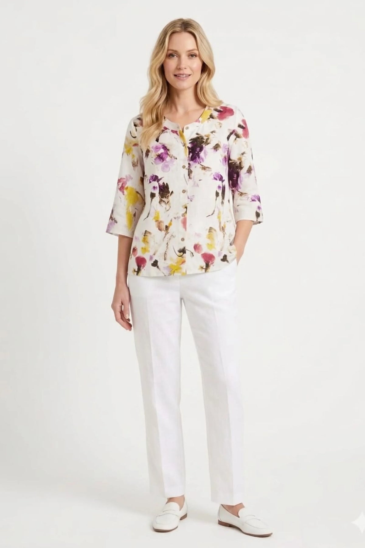 Hester & Orchard Watercolor Floral Button-Front Blouse
