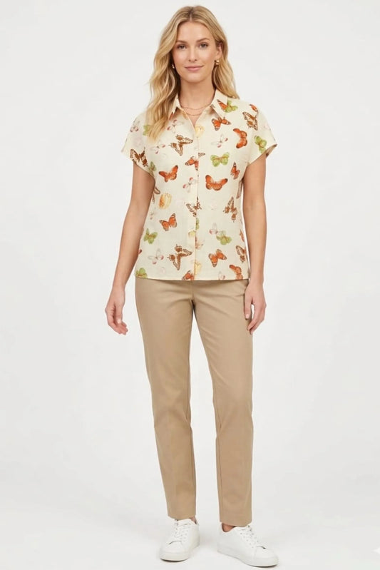 Hester & Orchard Vintage Butterfly Print Linen-Blend Blouse