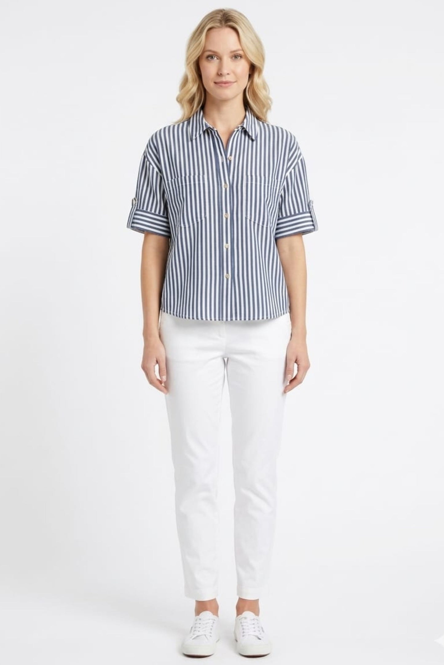 Hester & Orchard Navy & White Vertical Stripe Utility Blouse