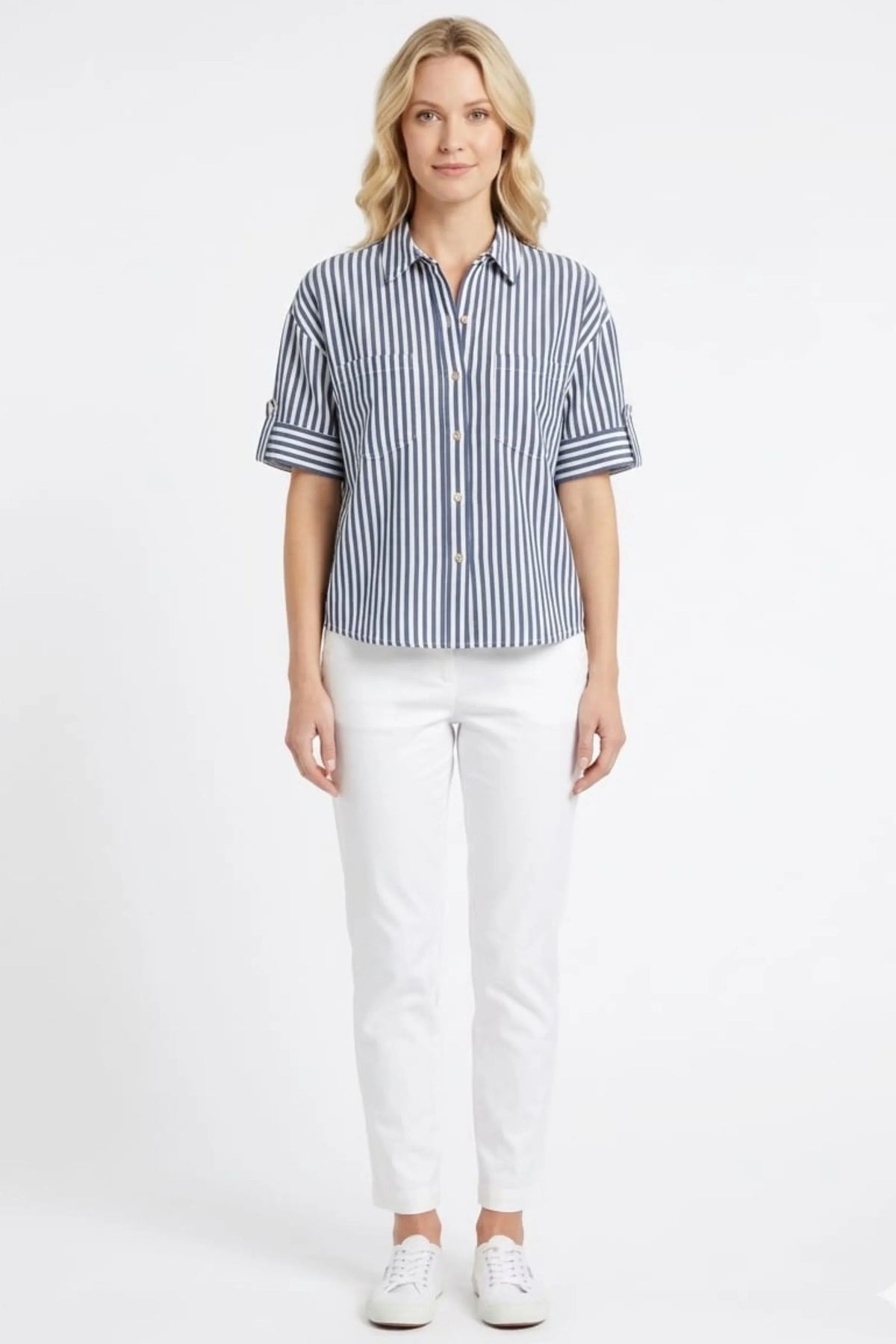 Hester & Orchard Navy & White Vertical Stripe Utility Blouse