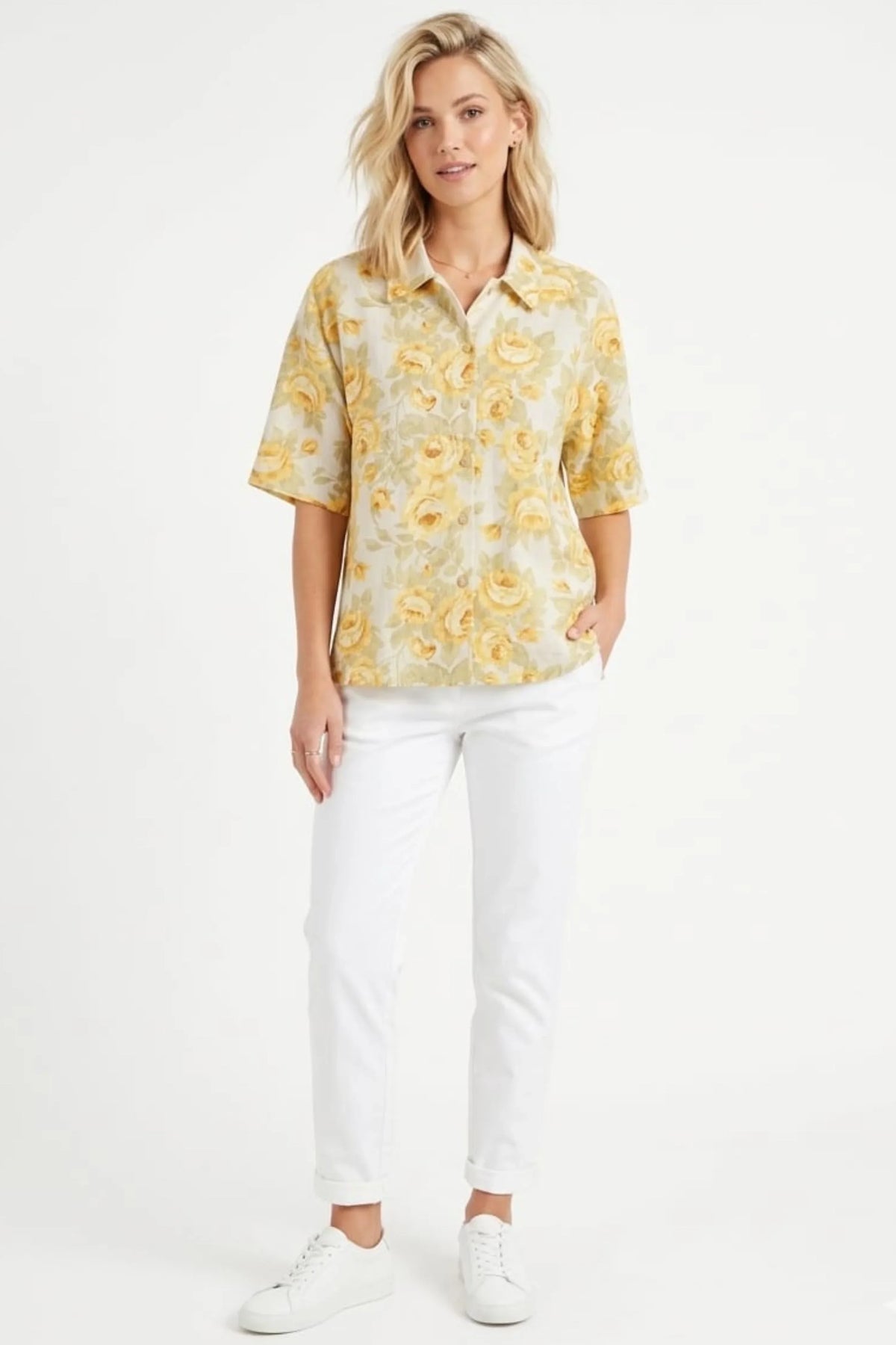 Hester & Orchard Yellow Floral Linen-Blend Blouse