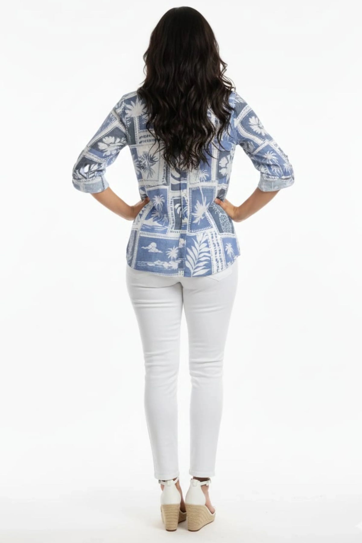 Cabana Ivory Navy Tropical Print Button-Down Blouse