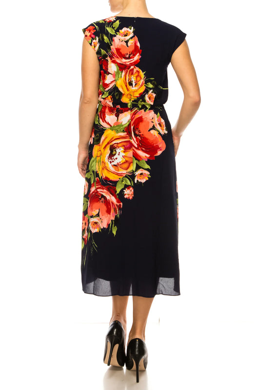 Back view of a navy blue midi dress with vibrant red and yellow floral print