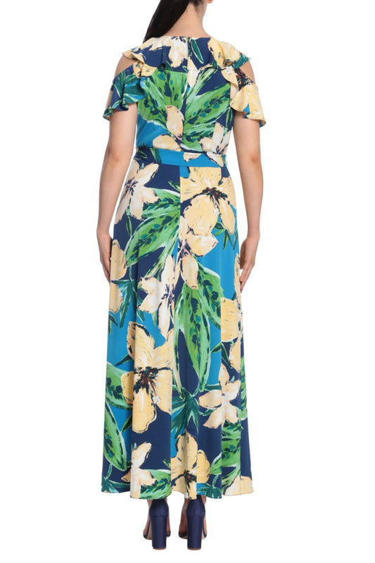 London Times Floral Print Ruffle Cold Shoulder Front Slit Maxi Dress