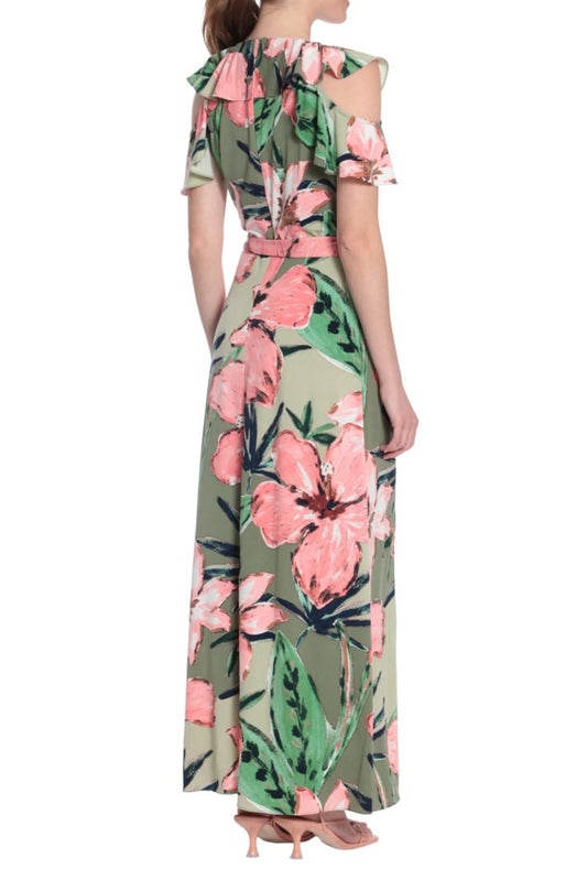 London Times Floral Print Ruffle Cold Shoulder Front Slit Maxi Dress