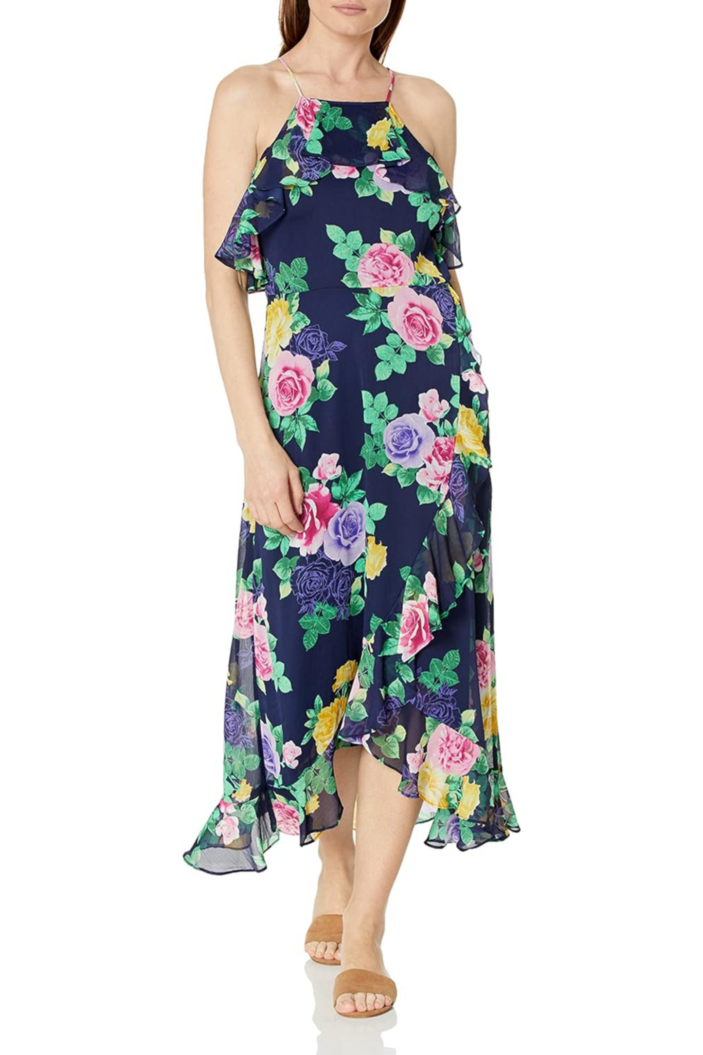 London Times Floral Halter Off-the-Shoulder Dress