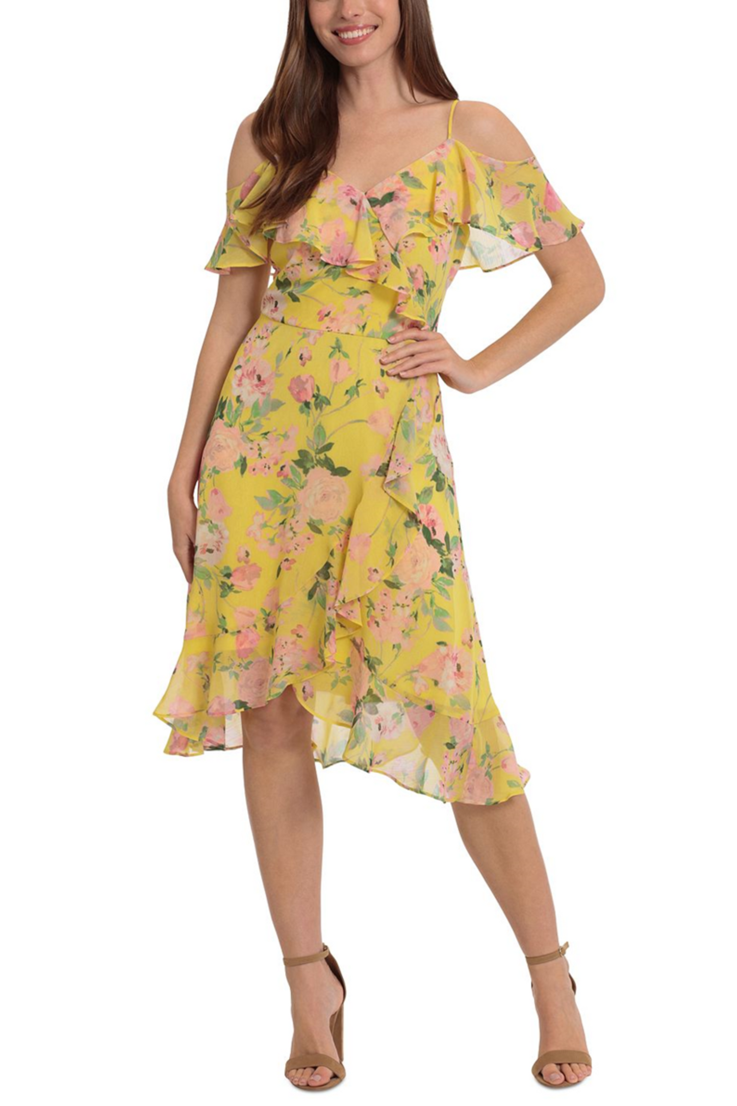 London Times Floral Flutter Off-the-Shoulder Dress