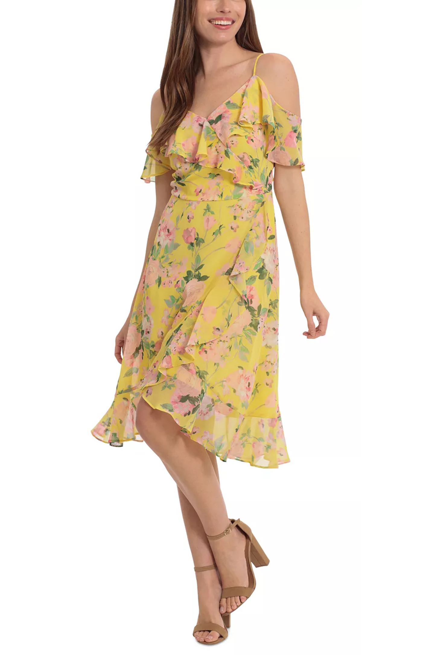 London Times Floral Flutter Off-the-Shoulder Dress