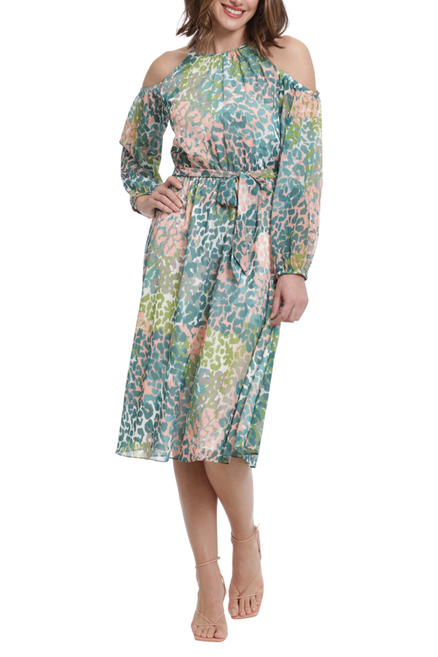 London Times Halter Blouson Cold Shoulder Dress