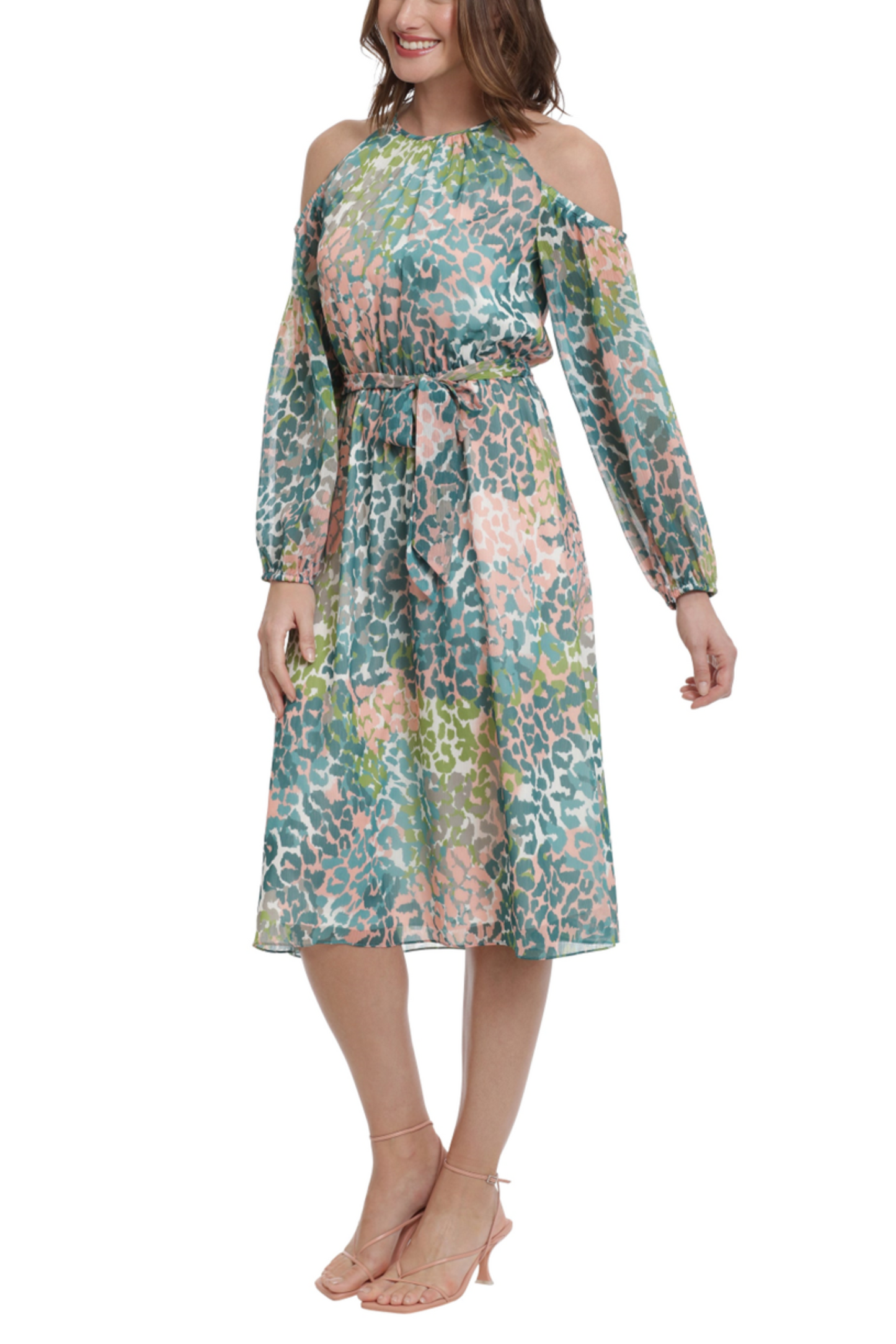 London Times Halter Blouson Cold Shoulder Dress
