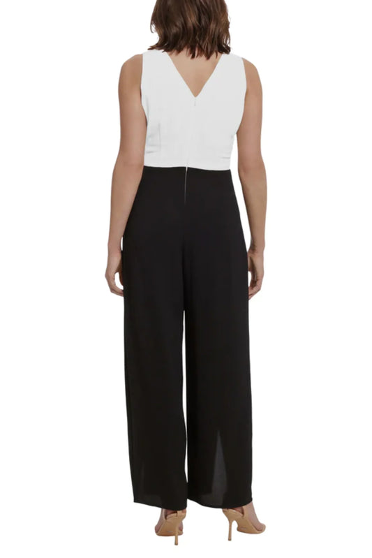 London Times Sleeveless Tie-Belt Contrast Jumpsuit