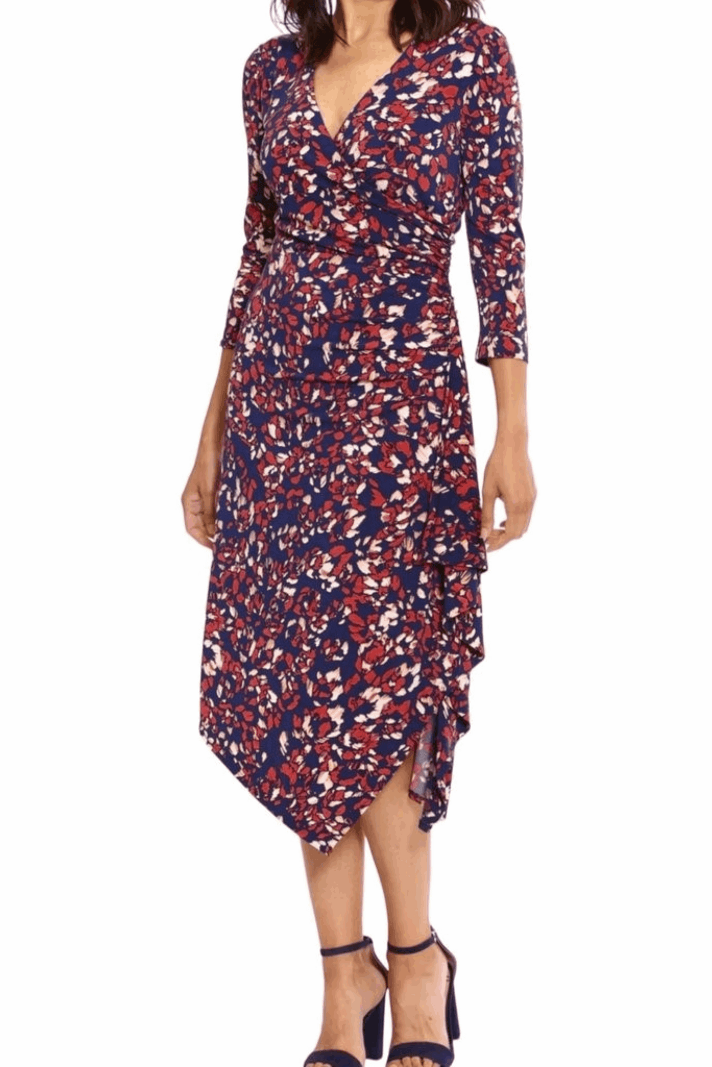 London Times Printed Ruched Waist Faux Wrap Dress