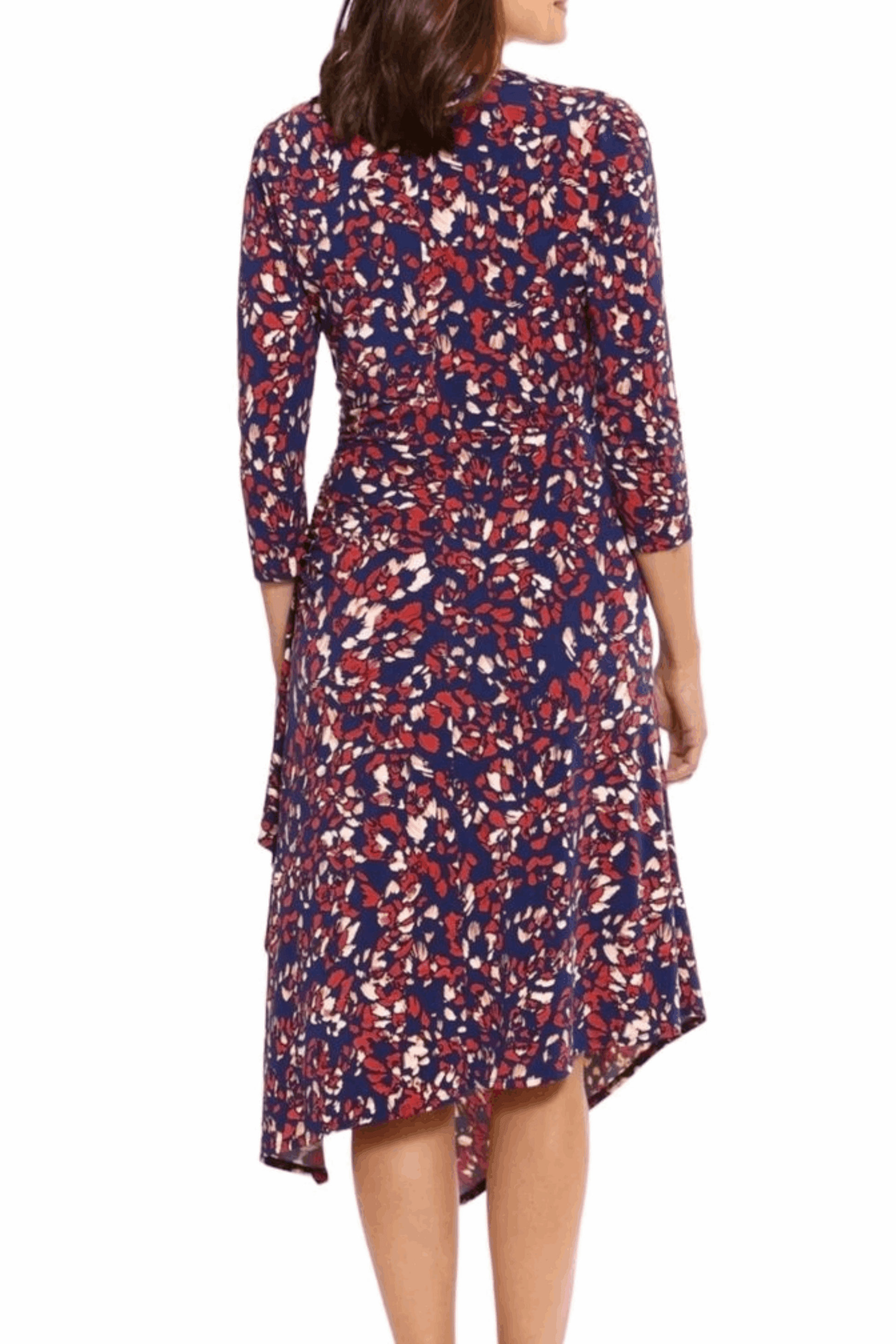 London Times Printed Ruched Waist Faux Wrap Dress