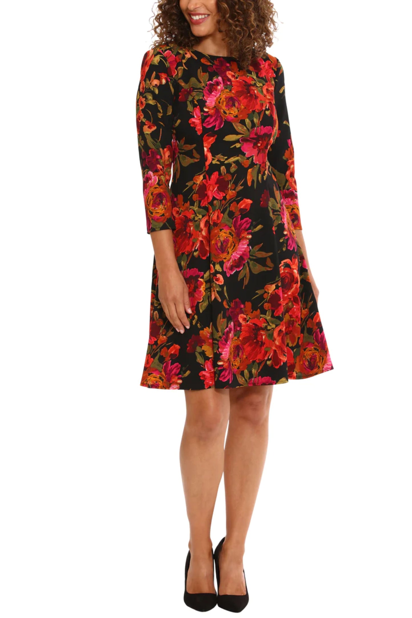 London Times Floral 3/4 Sleeve Fit and Flare Dress