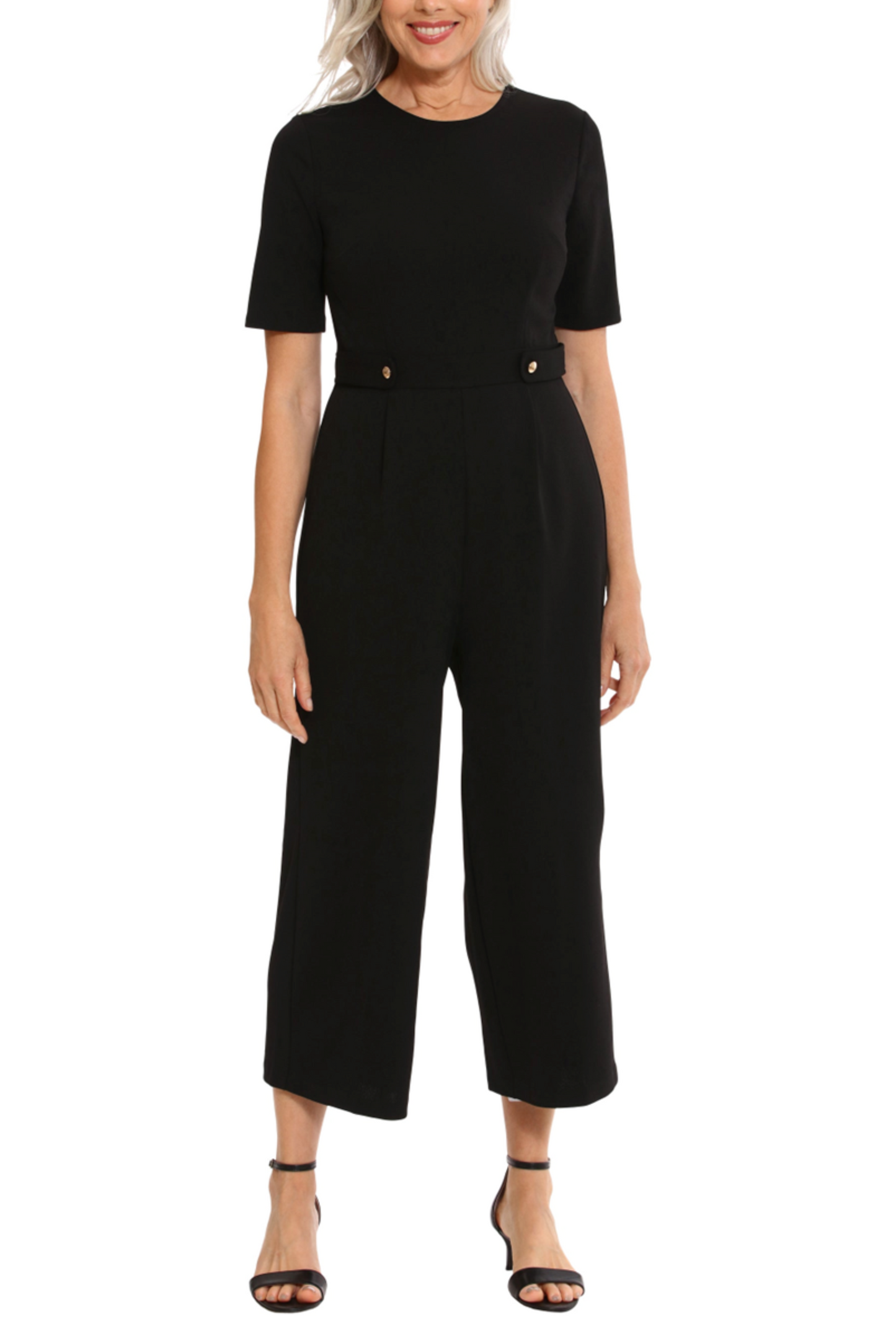 London Times Short Sleeve Wide Leg Capri Jumpsuit
