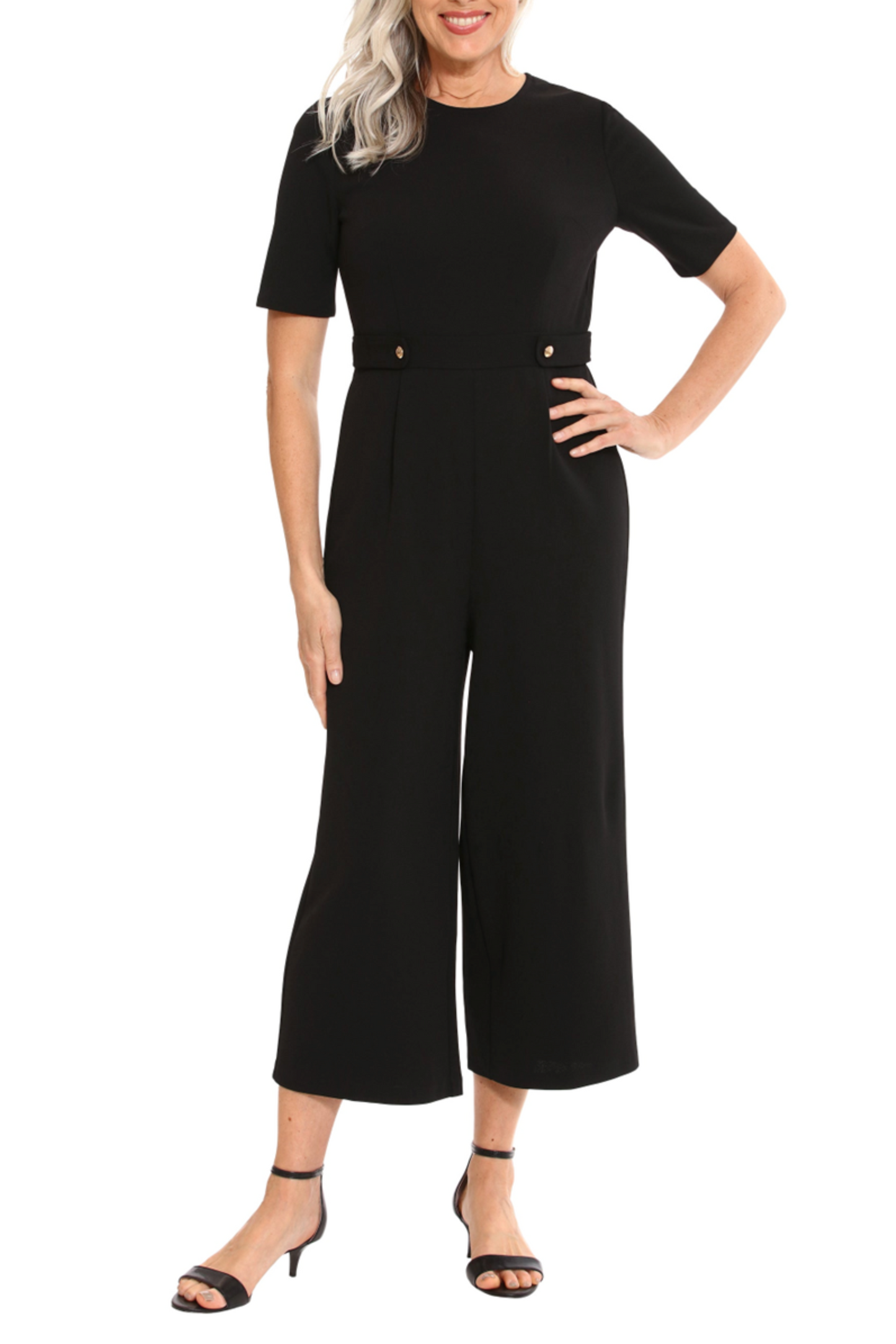 London Times Short Sleeve Wide Leg Capri Jumpsuit