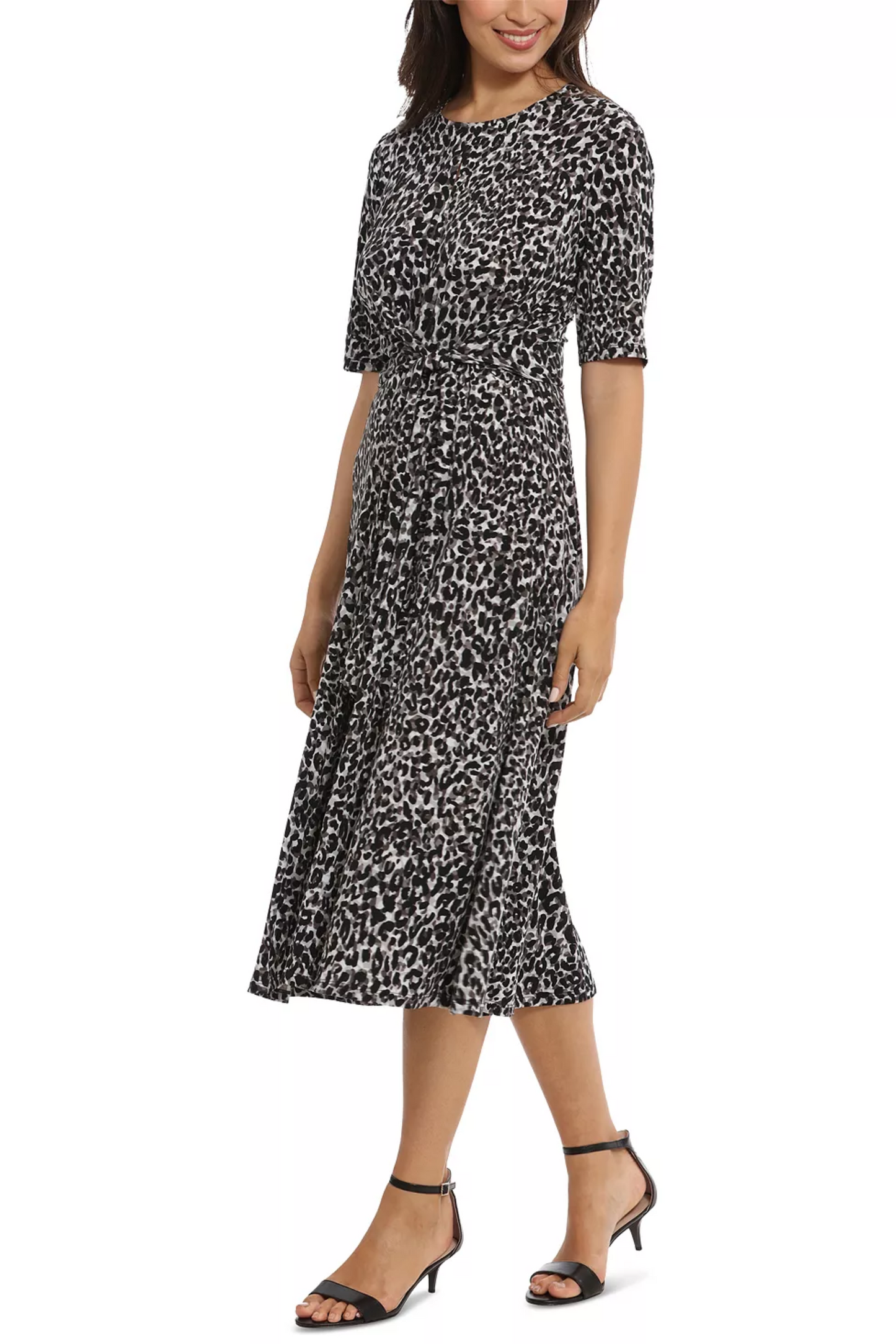 London Times Tie-Waist Animal Print A-Line Dress