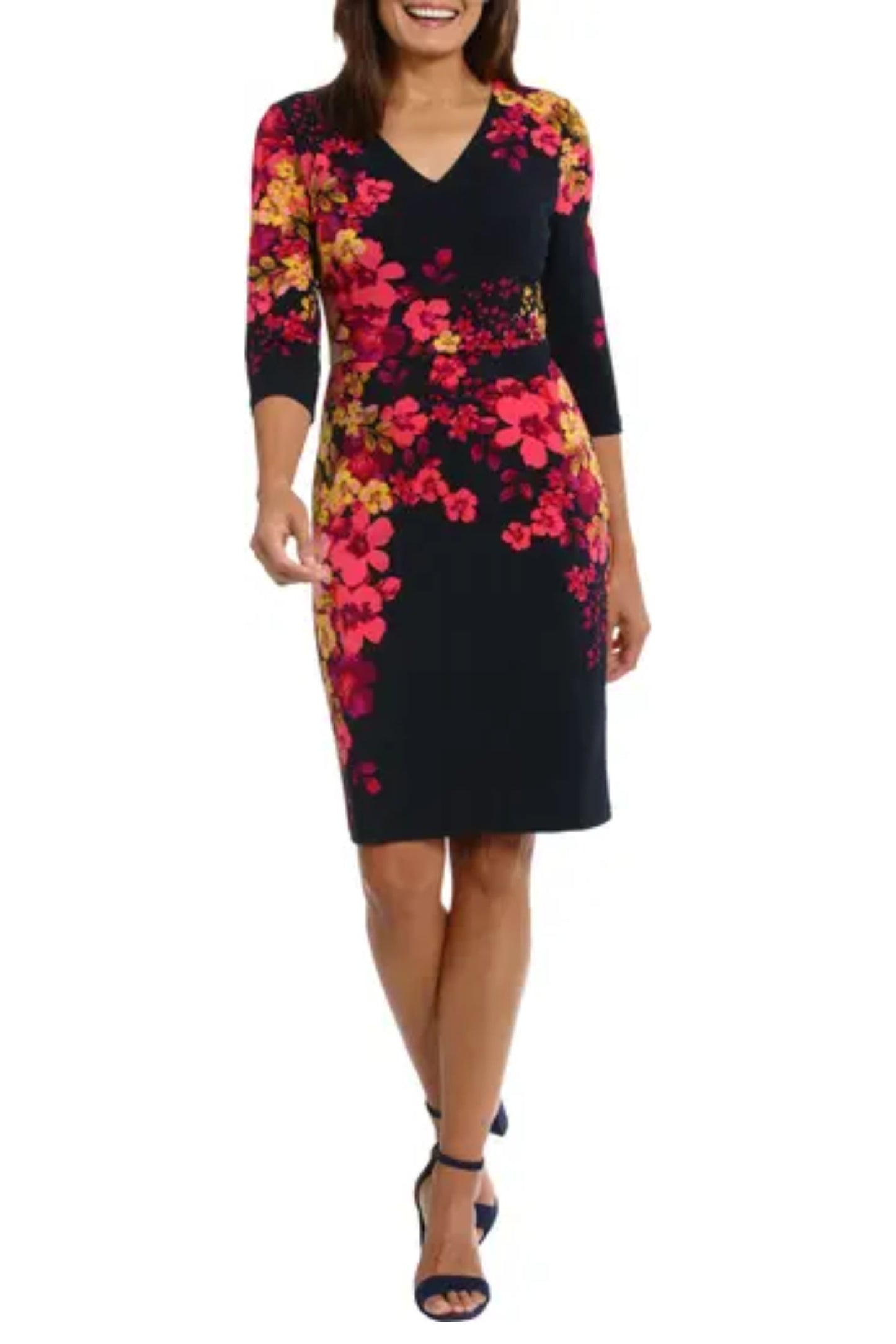 London Times Floral Print 3/4 Sleeve Sheath Dress