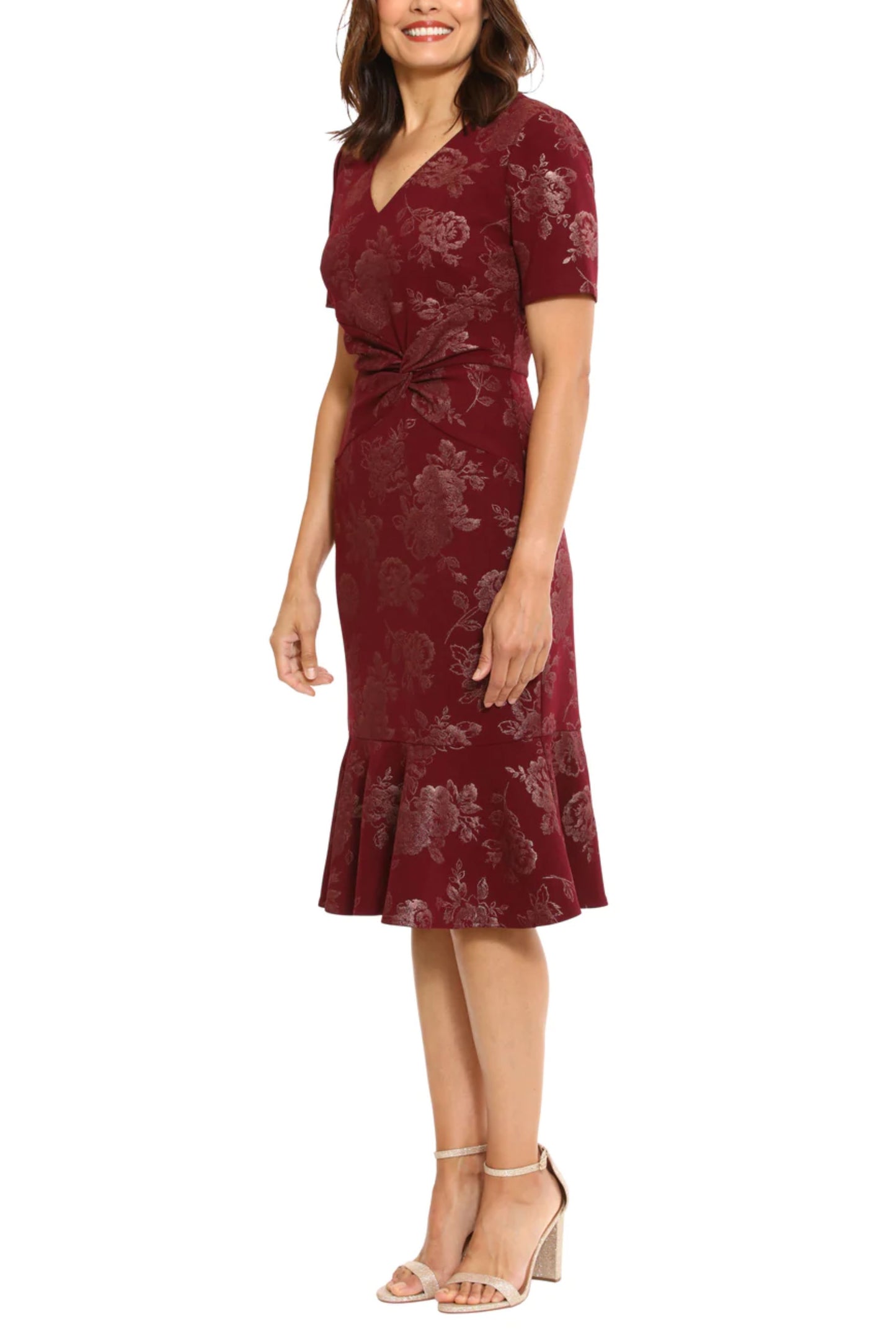 London Times Floral Short-Sleeve Ruffled Hem Dress