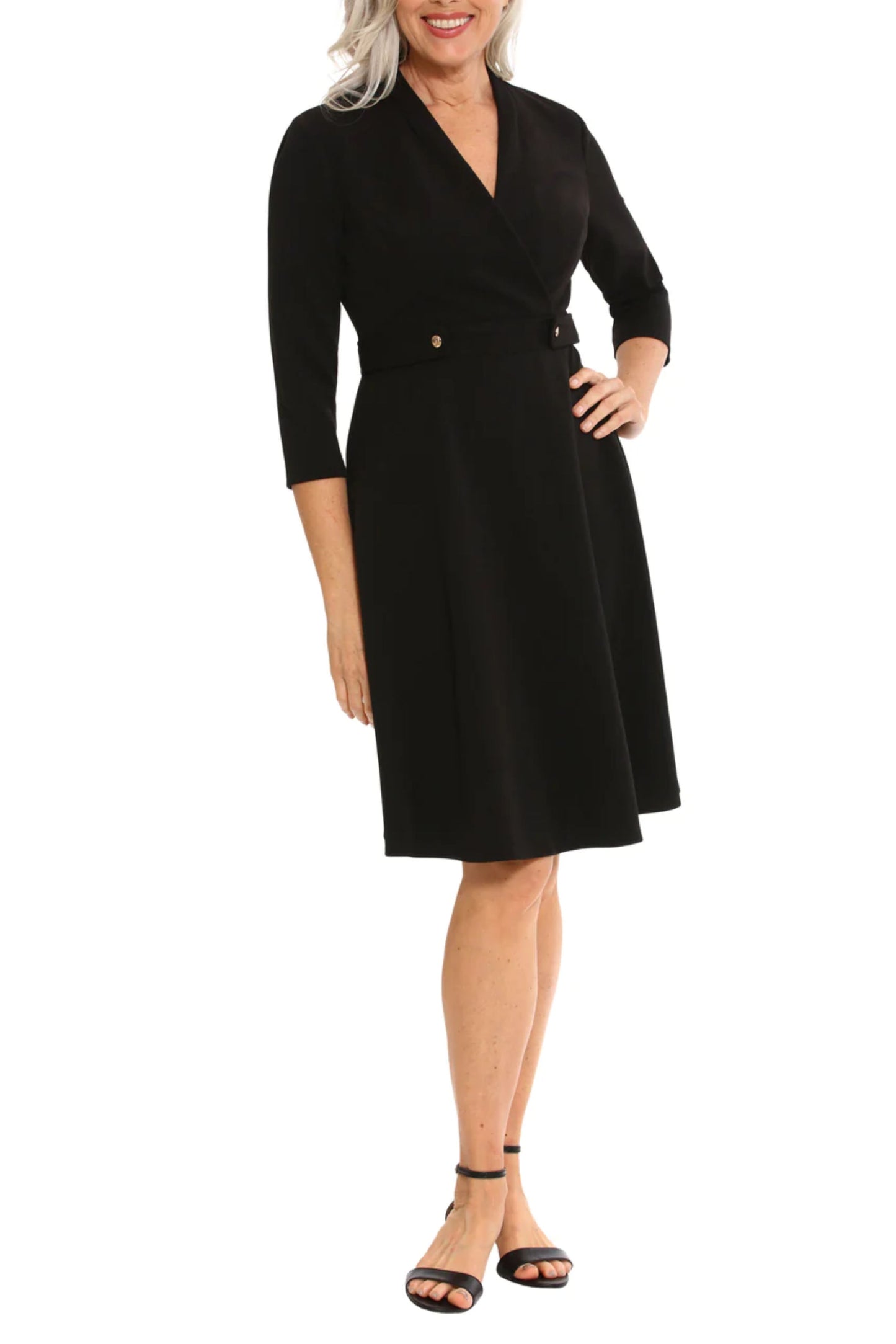 London Times 3/4 Sleeve Double-Button A-Line Dress