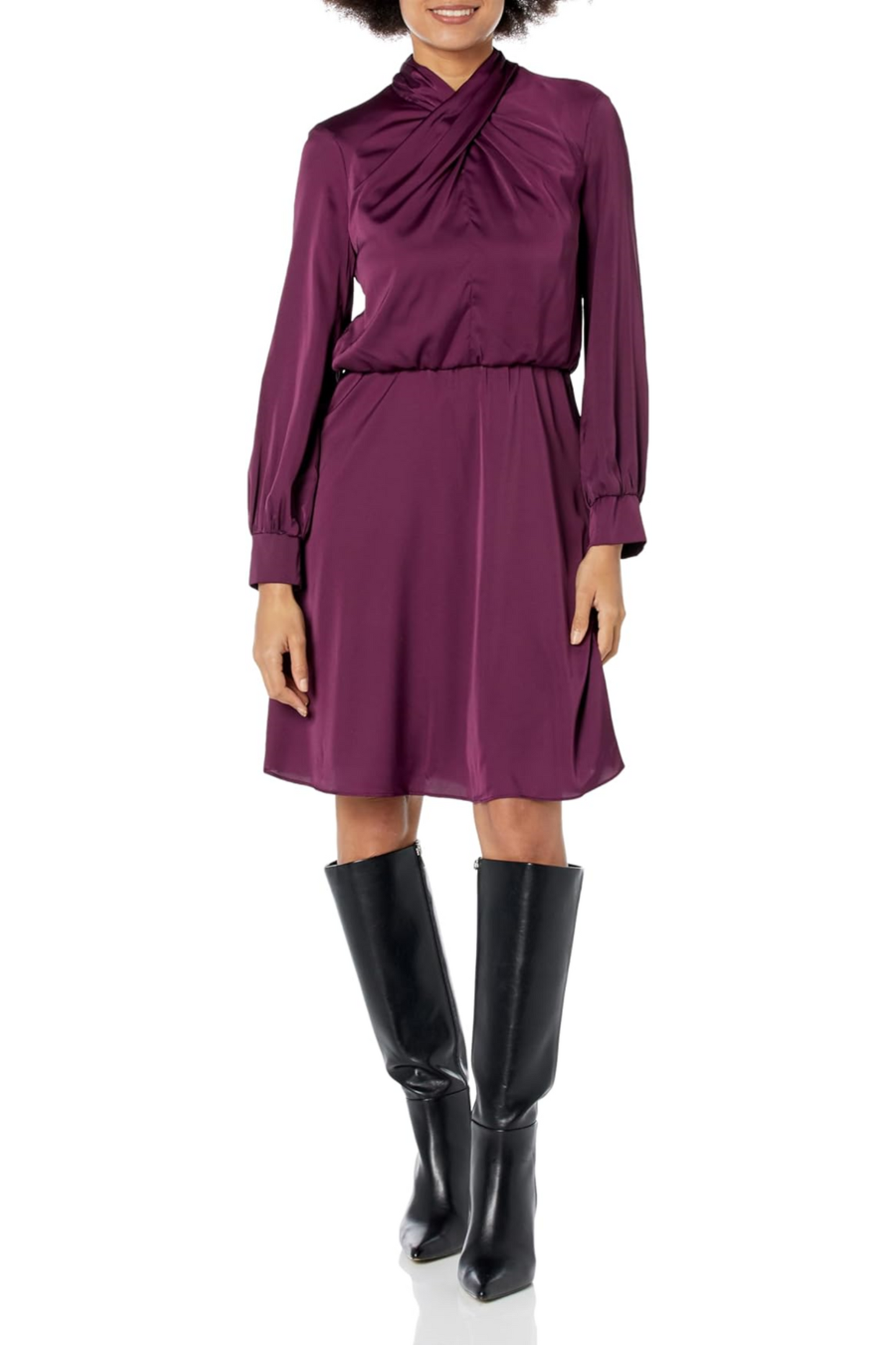 London Times Long Sleeve Crisscross Neck Dress