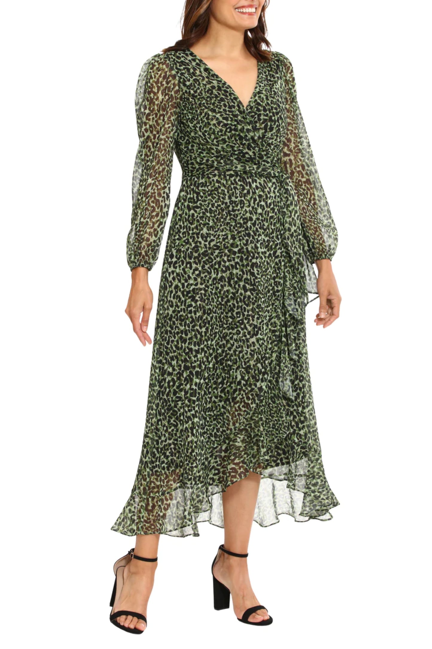 London Times Animal Print Faux-Wrap Midi Dress