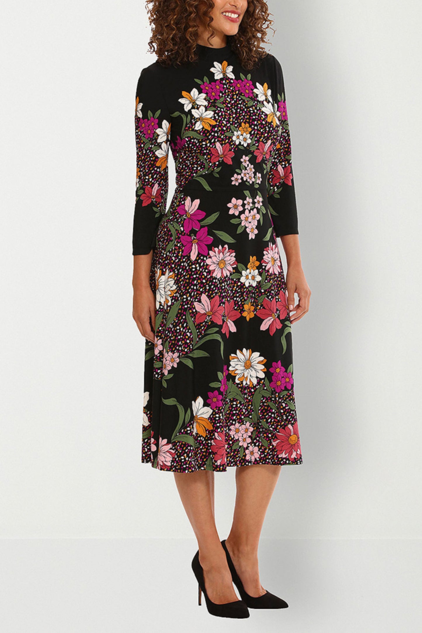London Style Floral Mock Neck 3/4 Sleeve Dress