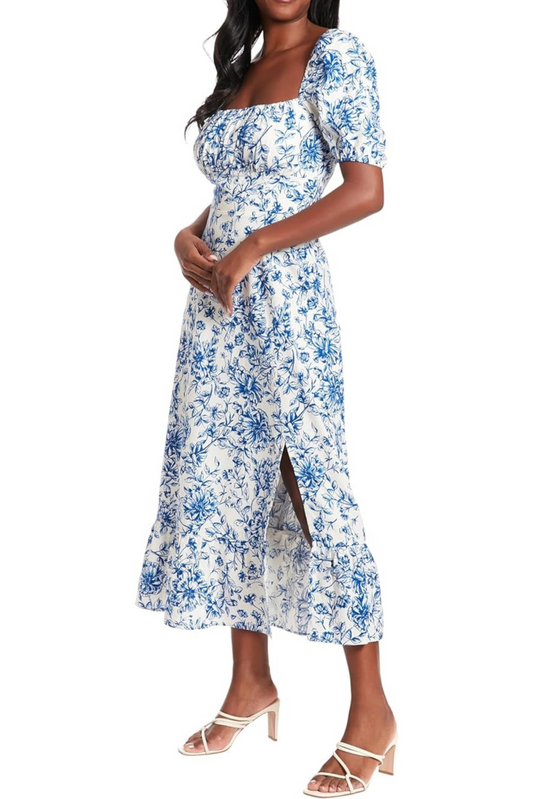 London Times Floral Short Puff Sleeve Midi Dress