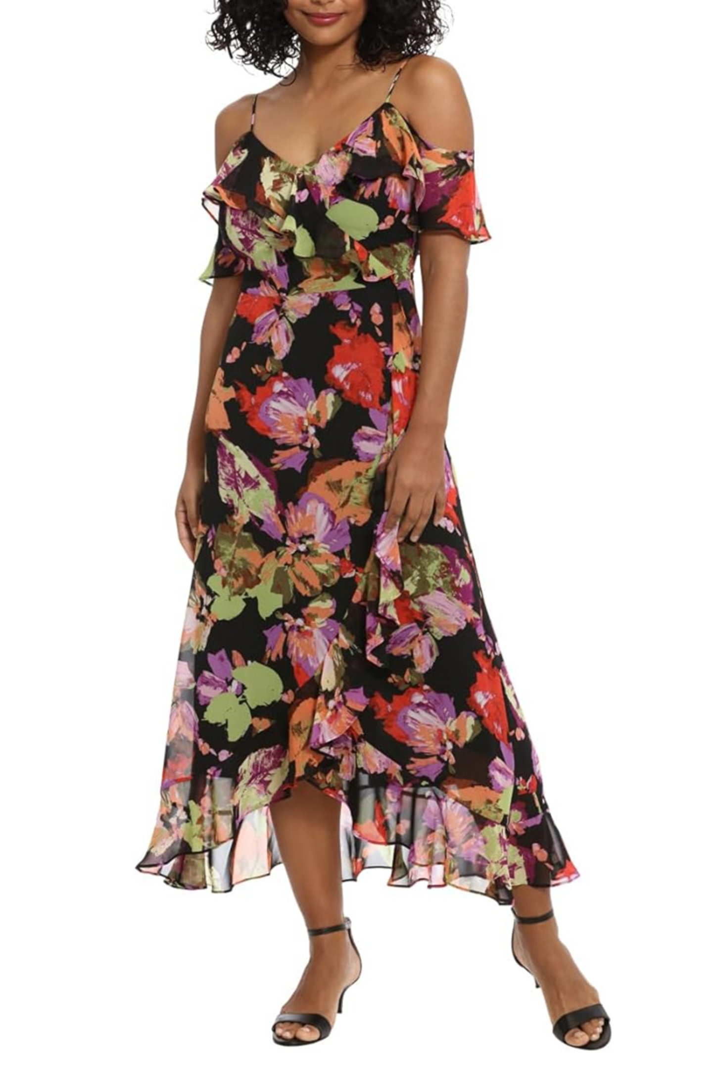London Times Floral Ruffle Cold Shoulder Dress