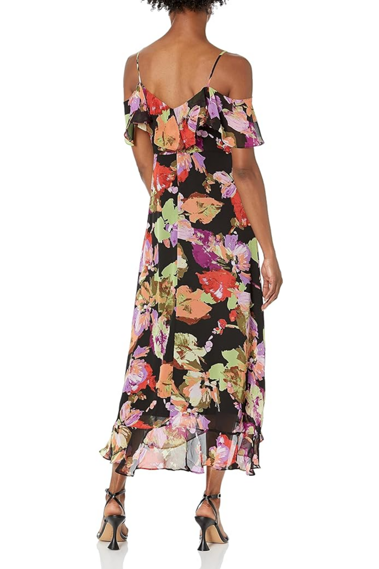 London Times Floral Ruffle Cold Shoulder Dress