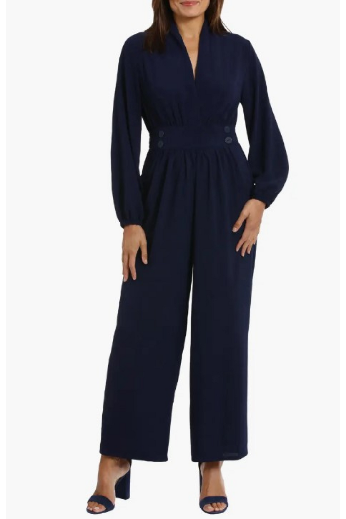 London Times Long Sleeve Buttoned-Waist Jumpsuit