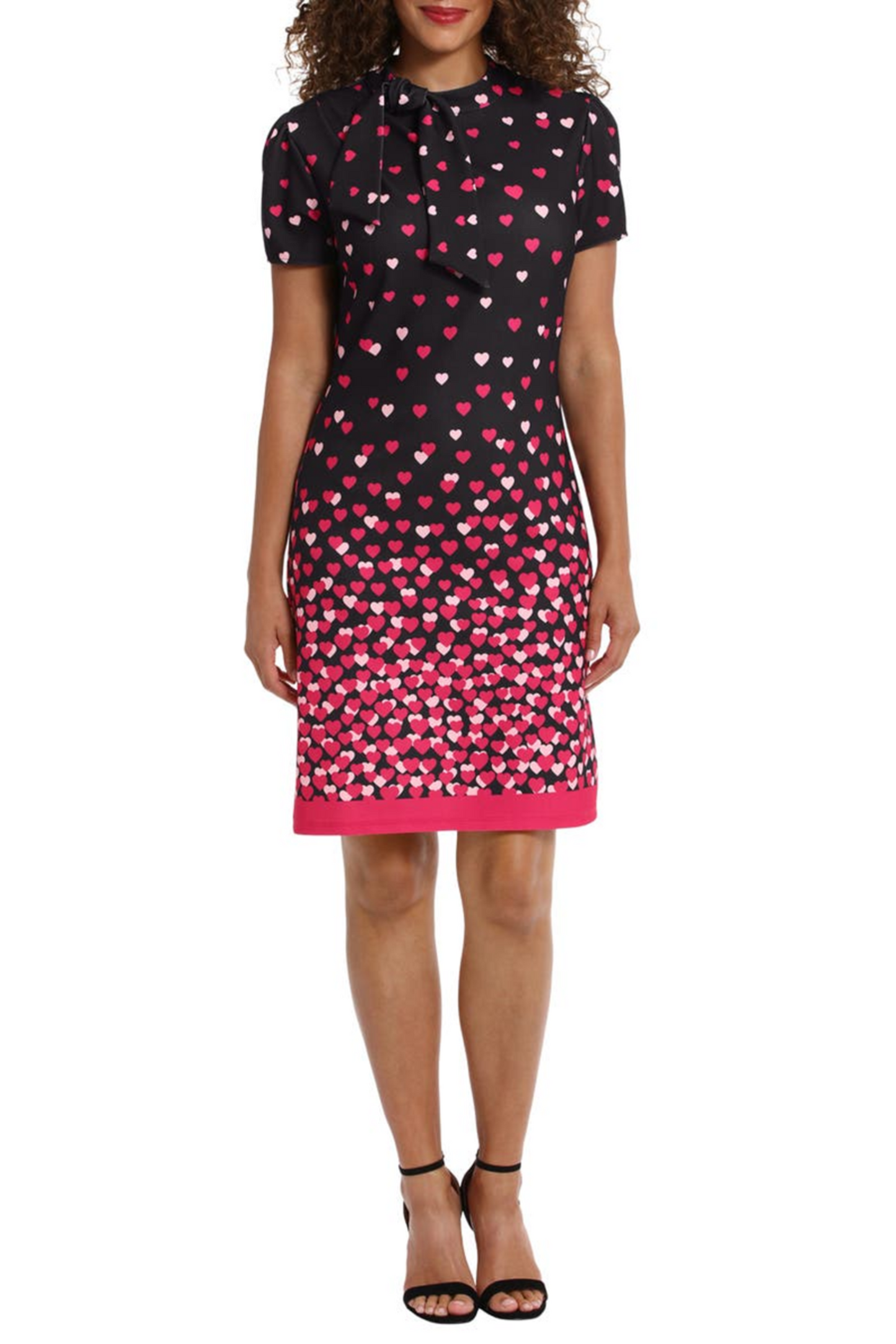 London Times Tie Neck Heart Print Sheath Dress