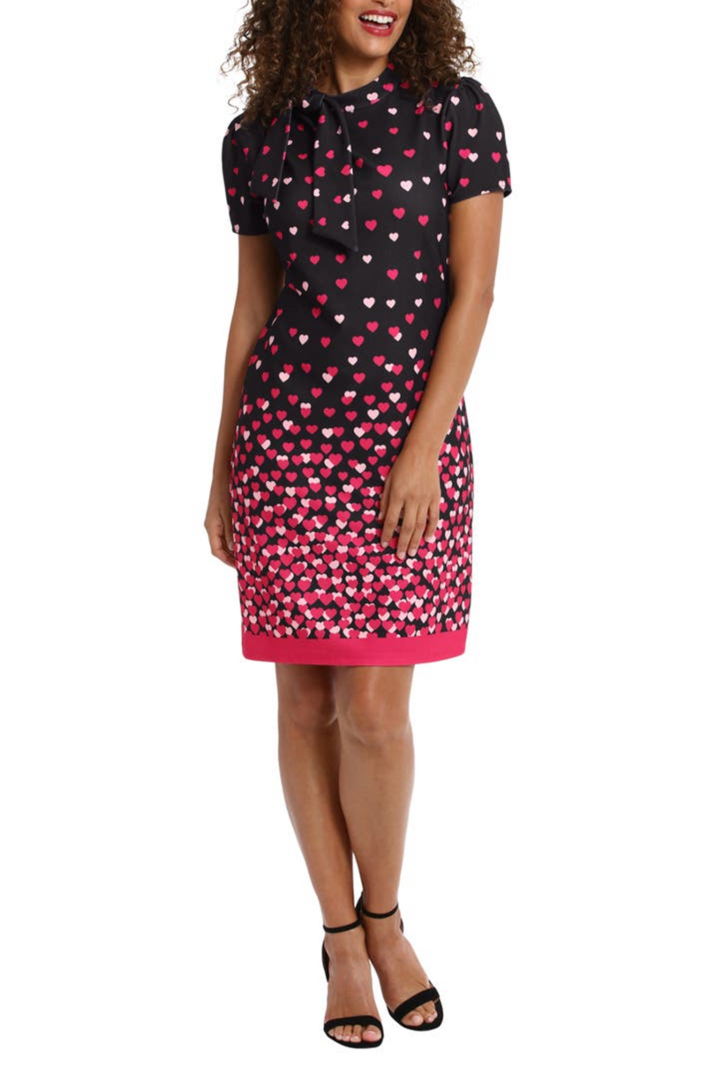 London Times Tie Neck Heart Print Sheath Dress
