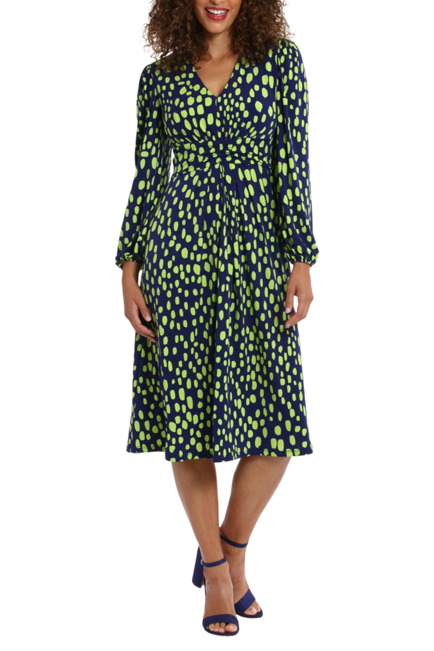 London Times Long Sleeve Ruched Waist Print Dress