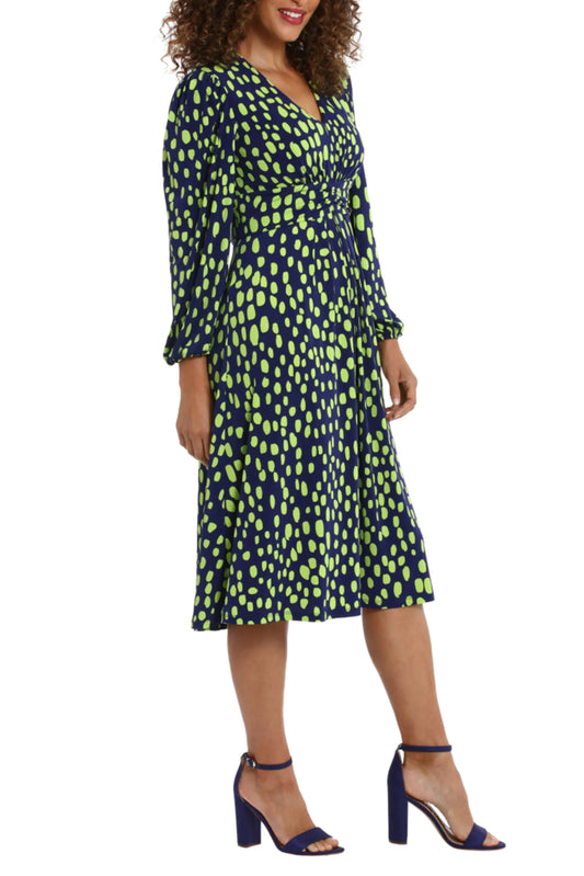London Times Long Sleeve Ruched Waist Print Dress