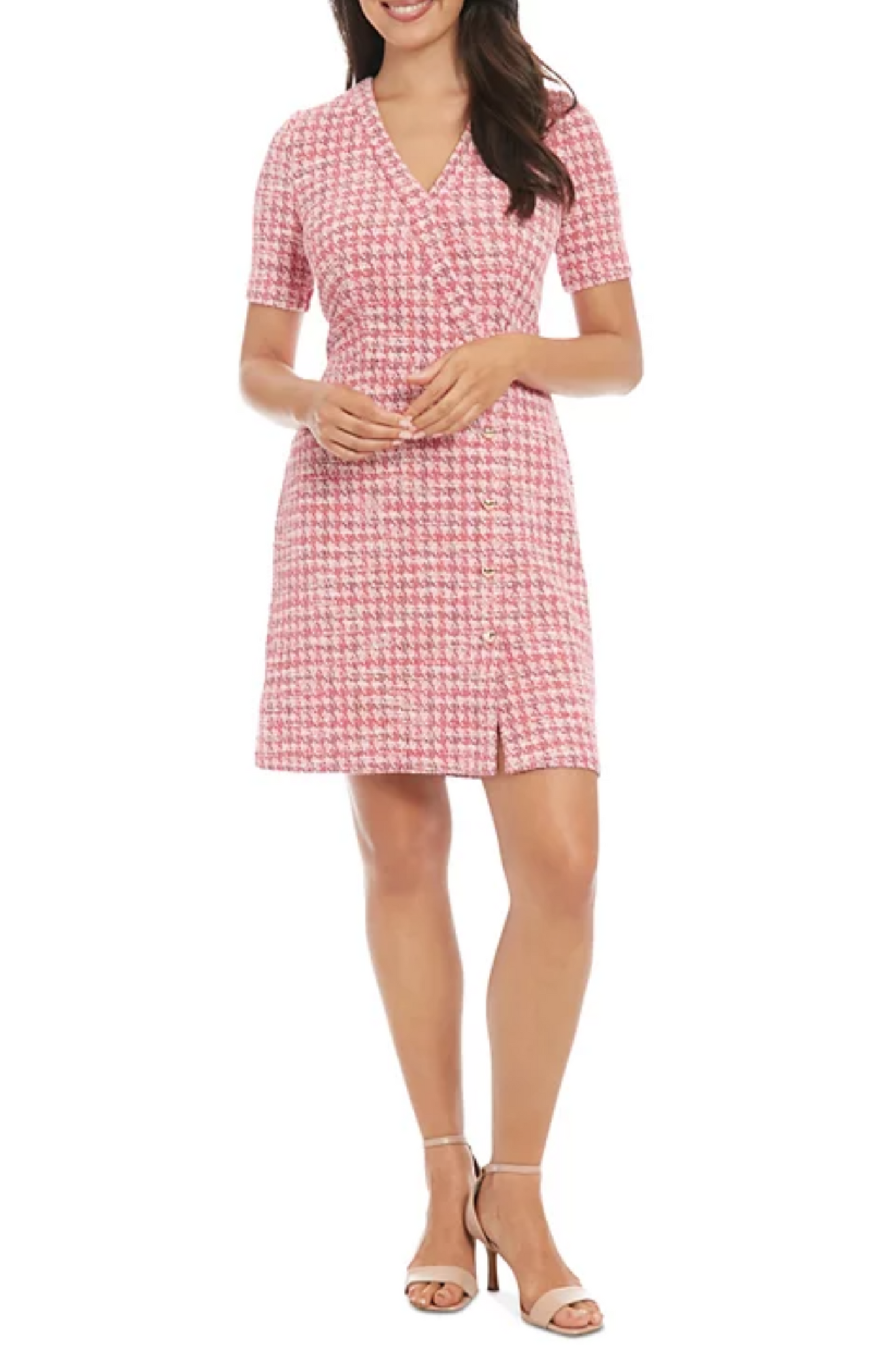 London Times Houndstooth Short Faux Wrap Dress