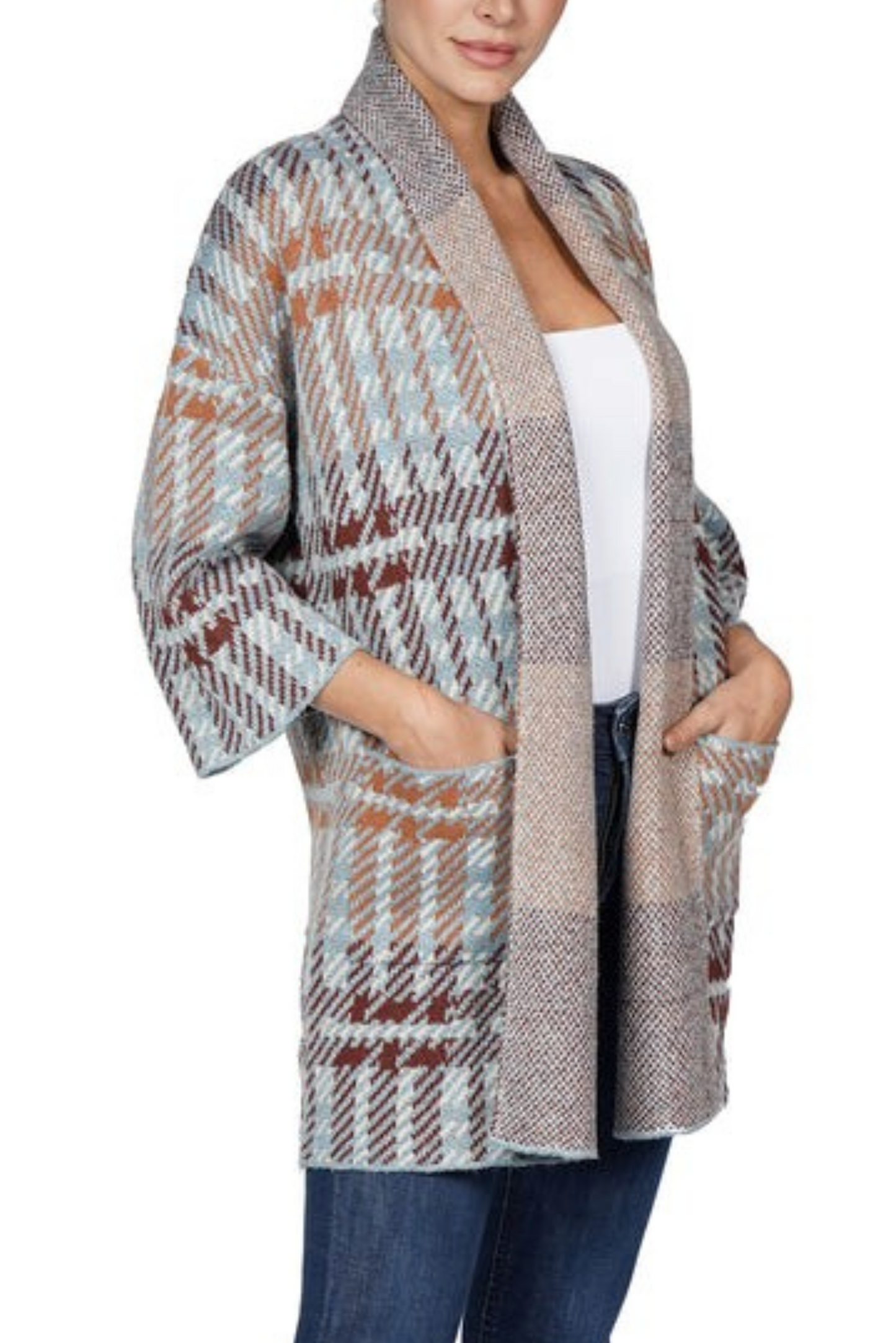 Love Token 3/4 Sleeve Open-Front Plaid Cardigan